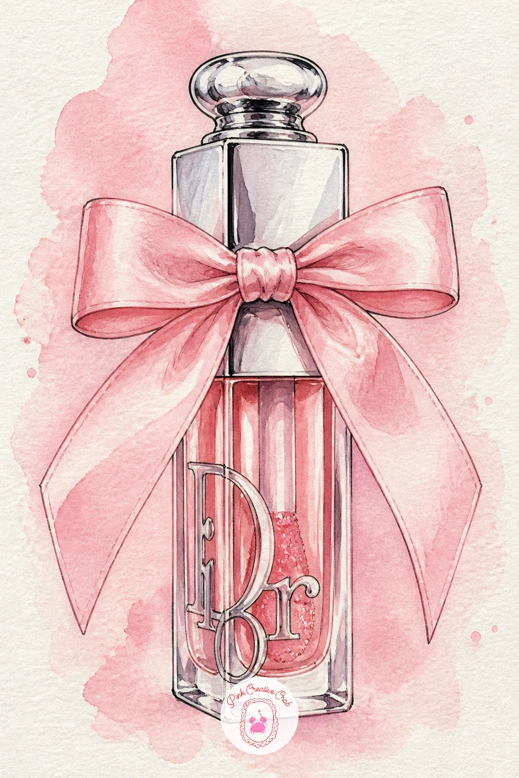 Dior Lip Oil With Pink Bow — After a figure, settle back into object work with a Dior-style lip oil, its clear glossy barrel tied with a pink bow. Watercolor