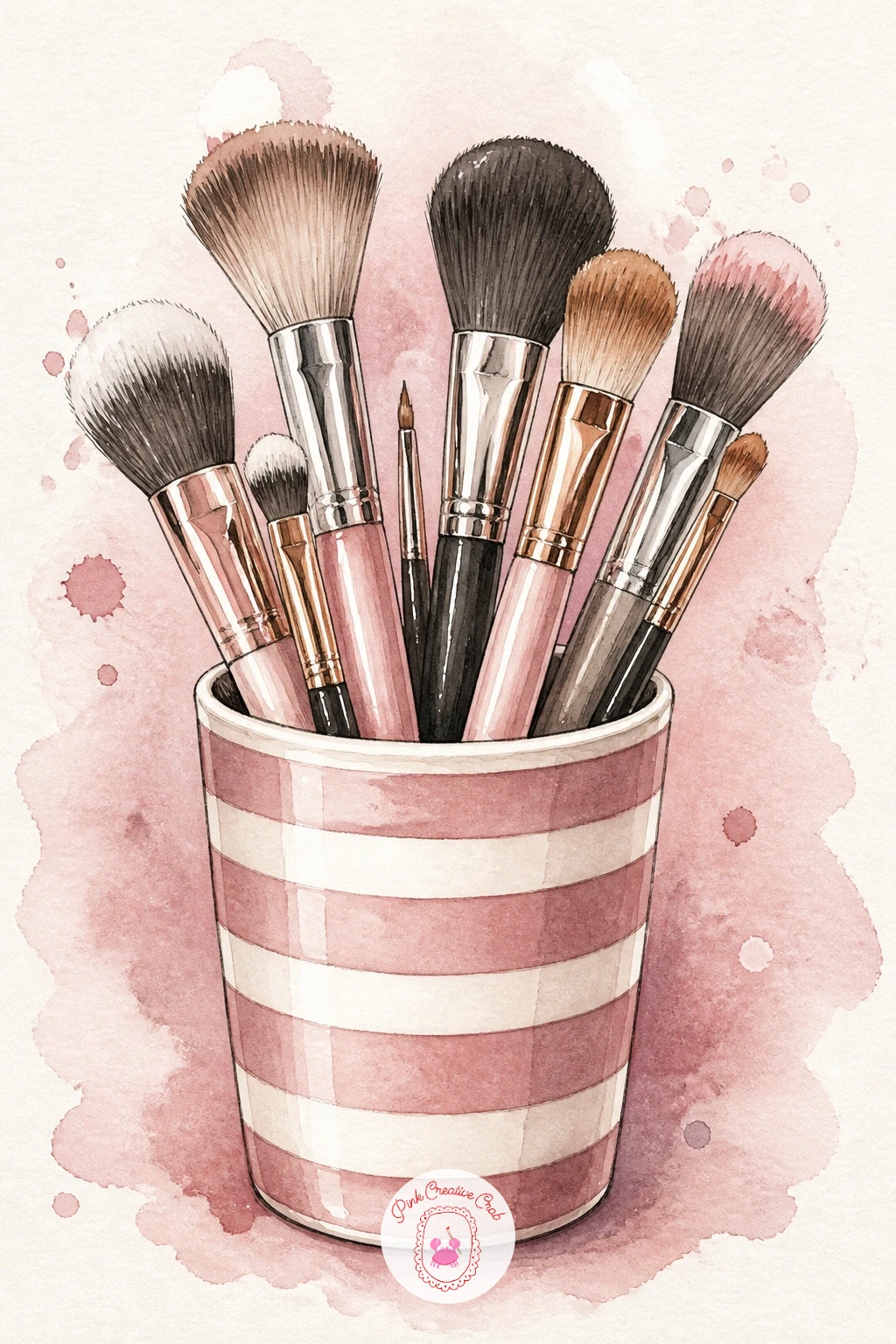 Makeup Brushes in Striped Cup — A cup of makeup brushes is a lesson in grouping similar shapes without them blurring into one mass. Watercolor makeup