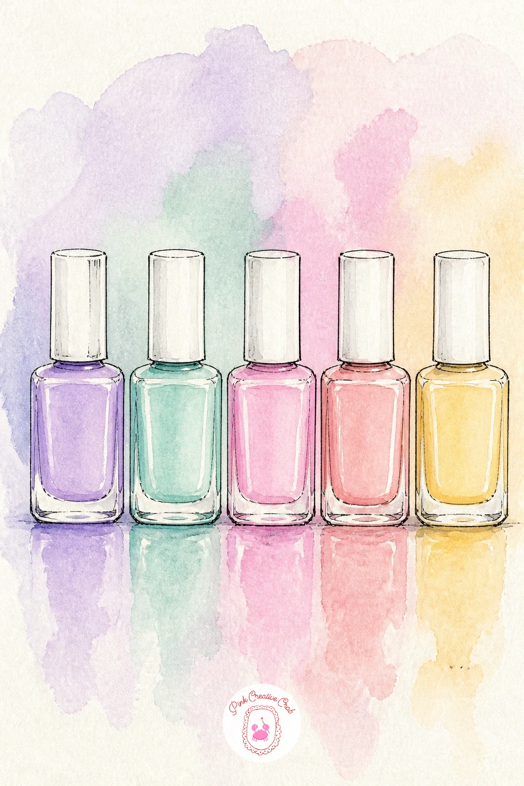 Nail Polish Collection in Pastels — Line up a small collection of pastel nail polish bottles for a quick study in glass and colour variety. Watercolor makeup