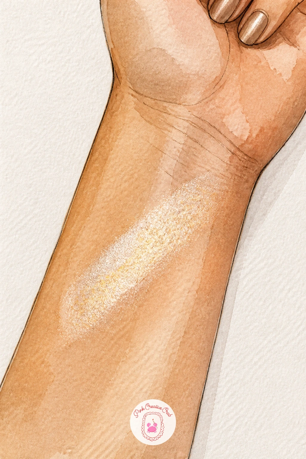 Highlighter Swatch on Wrist — A highlighter swatch on a wrist is a small, satisfying subject built almost entirely around one shimmer effect. Watercolor makeup