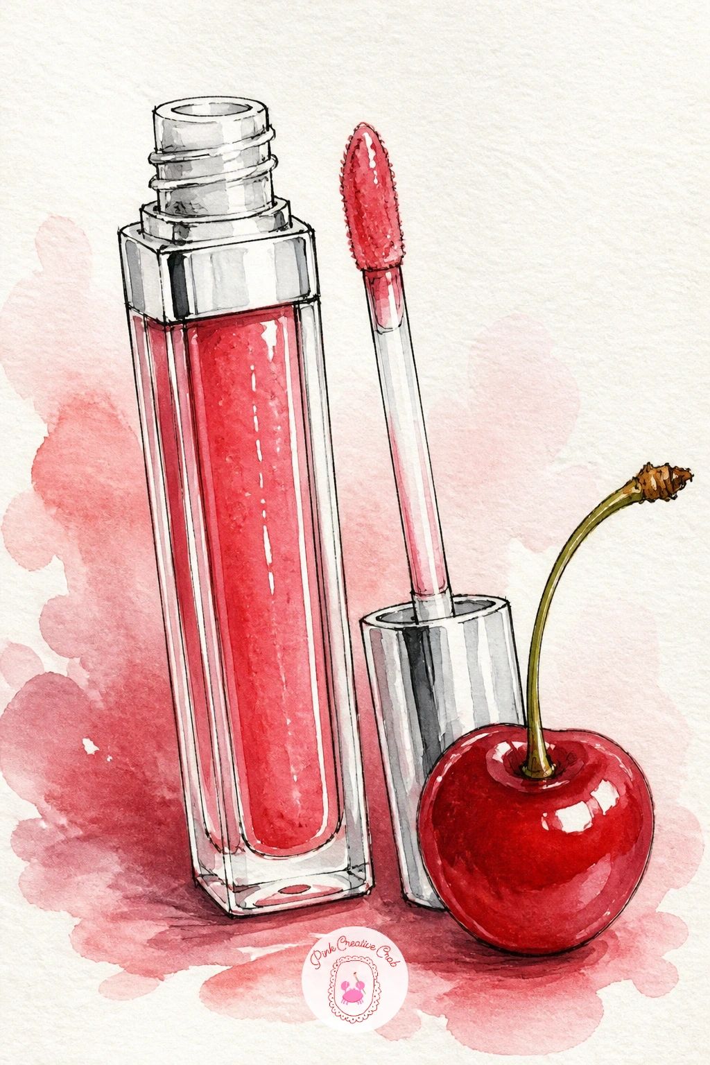 Lip Gloss With Cherry — Follow the highlighter with something glossier still: a clear lip gloss tube paired with a single cherry, stem and all. Watercolor