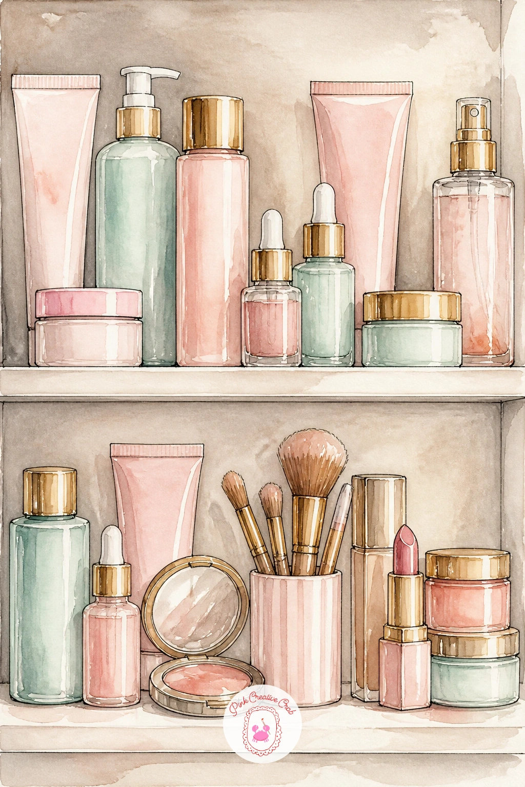Skincare and Makeup Shelf — A shelf of skincare and makeup bottles lined up together is the most object-heavy scene so far, a good chance to practice keeping a