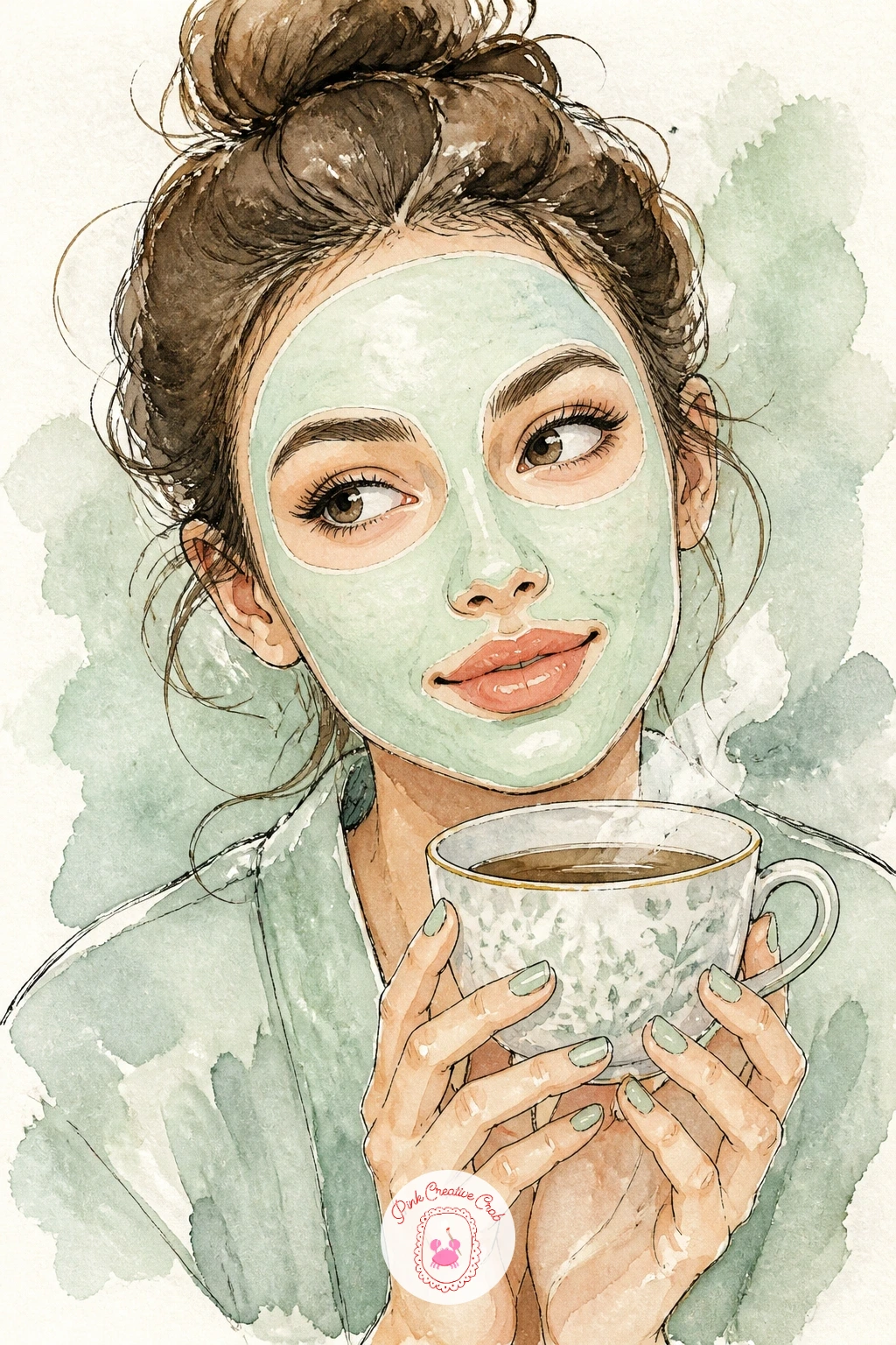 Girl With Face Mask and Tea — Bring the figure back for a cosier scene: a girl with a face mask on, holding a cup of tea. Watercolor makeup