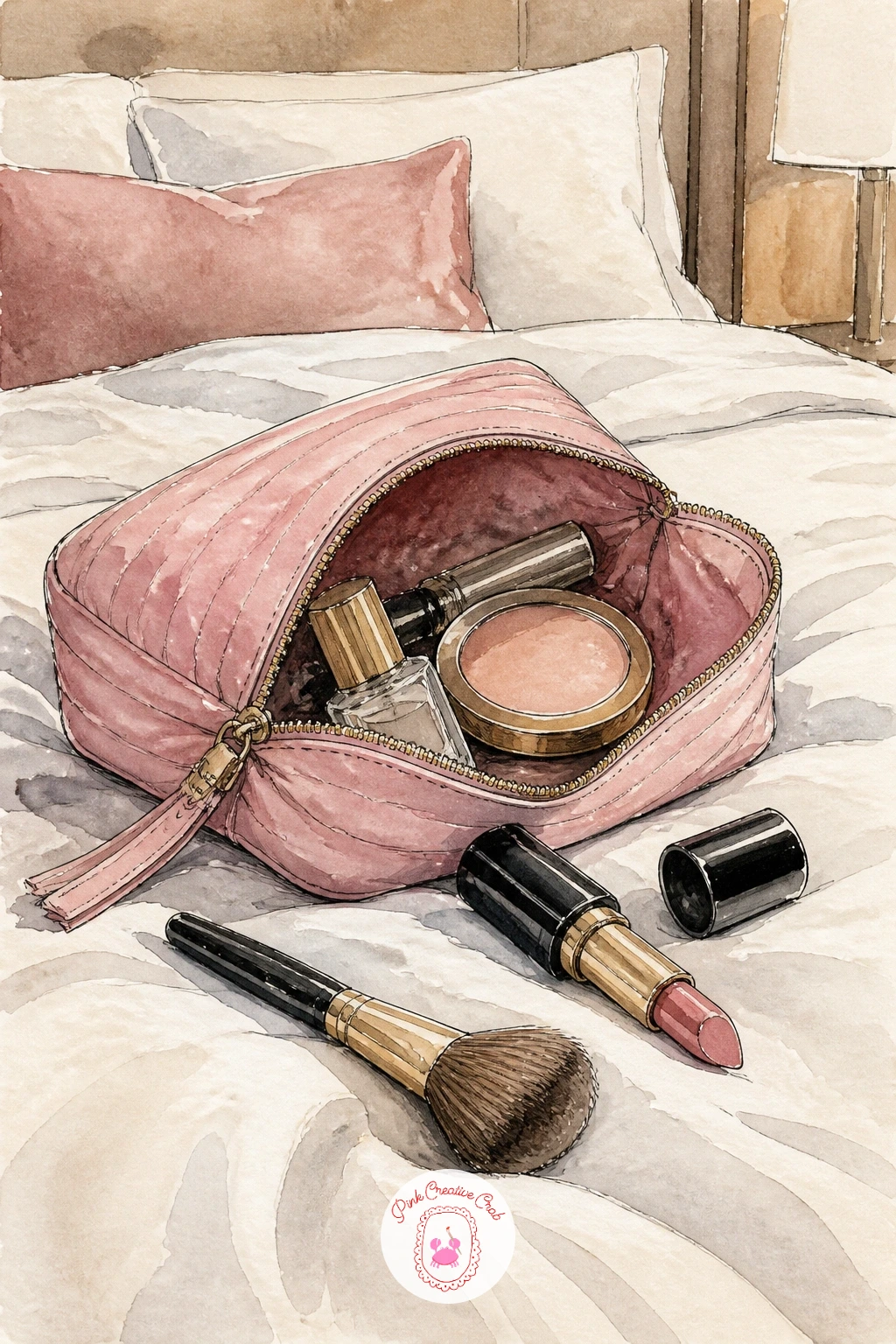 Makeup Bag on Hotel Bed — A makeup bag tossed open on a hotel bed brings in soft bedding texture alongside the usual small objects. Watercolor makeup