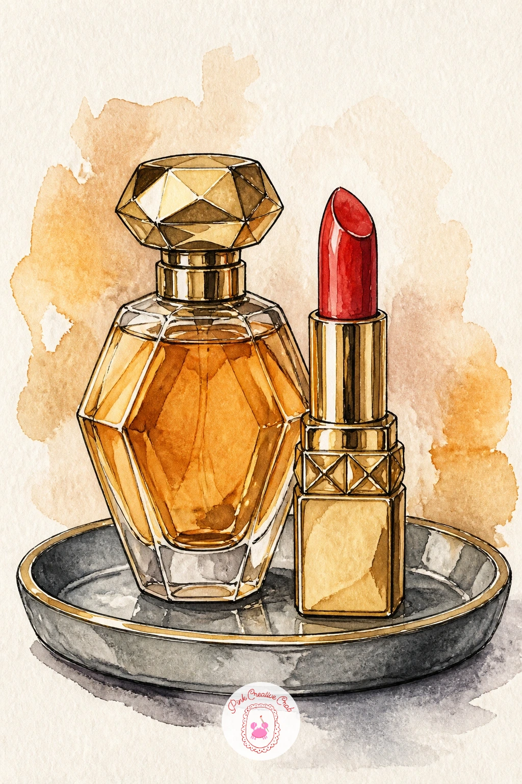 Perfume and Lipstick on Tray — Pair a perfume bottle with a lipstick on a small tray for a lesson in contrasting glass and matte textures side by side.