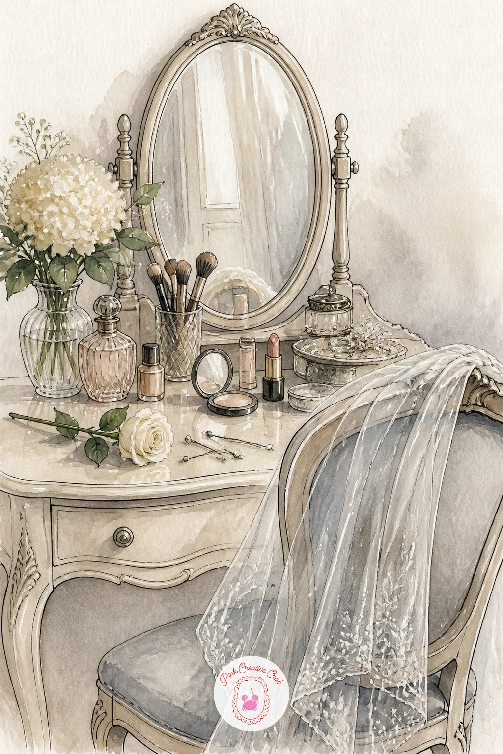 Bridal Makeup Table — Build a small bridal makeup table next, bringing together several objects from earlier ideas into one composed scene: a mirror, a veil