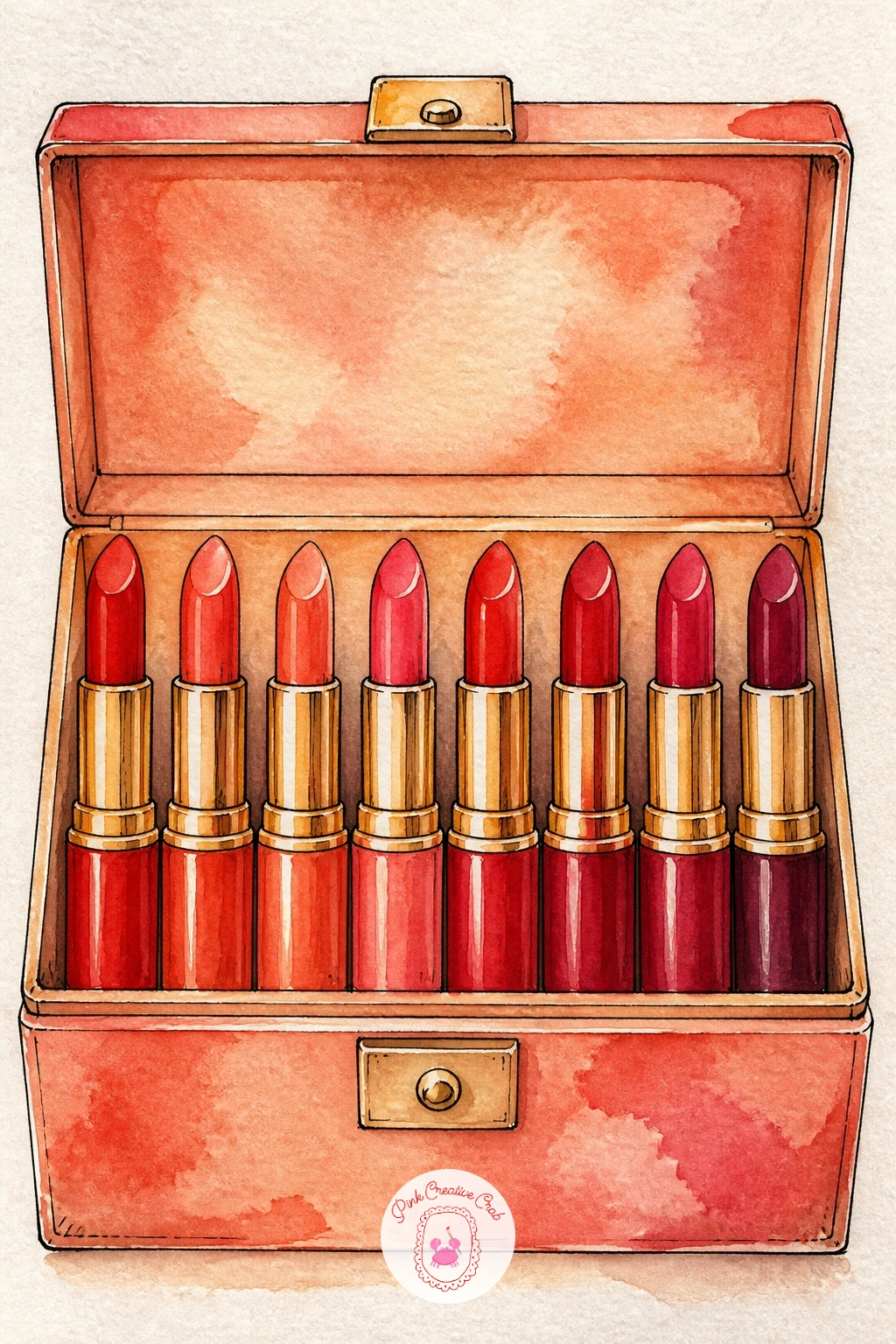 Lipstick Collection in a Box — A box of lipsticks standing upright, each a different shade, is a satisfying repeat-shape exercise after the more varied bridal