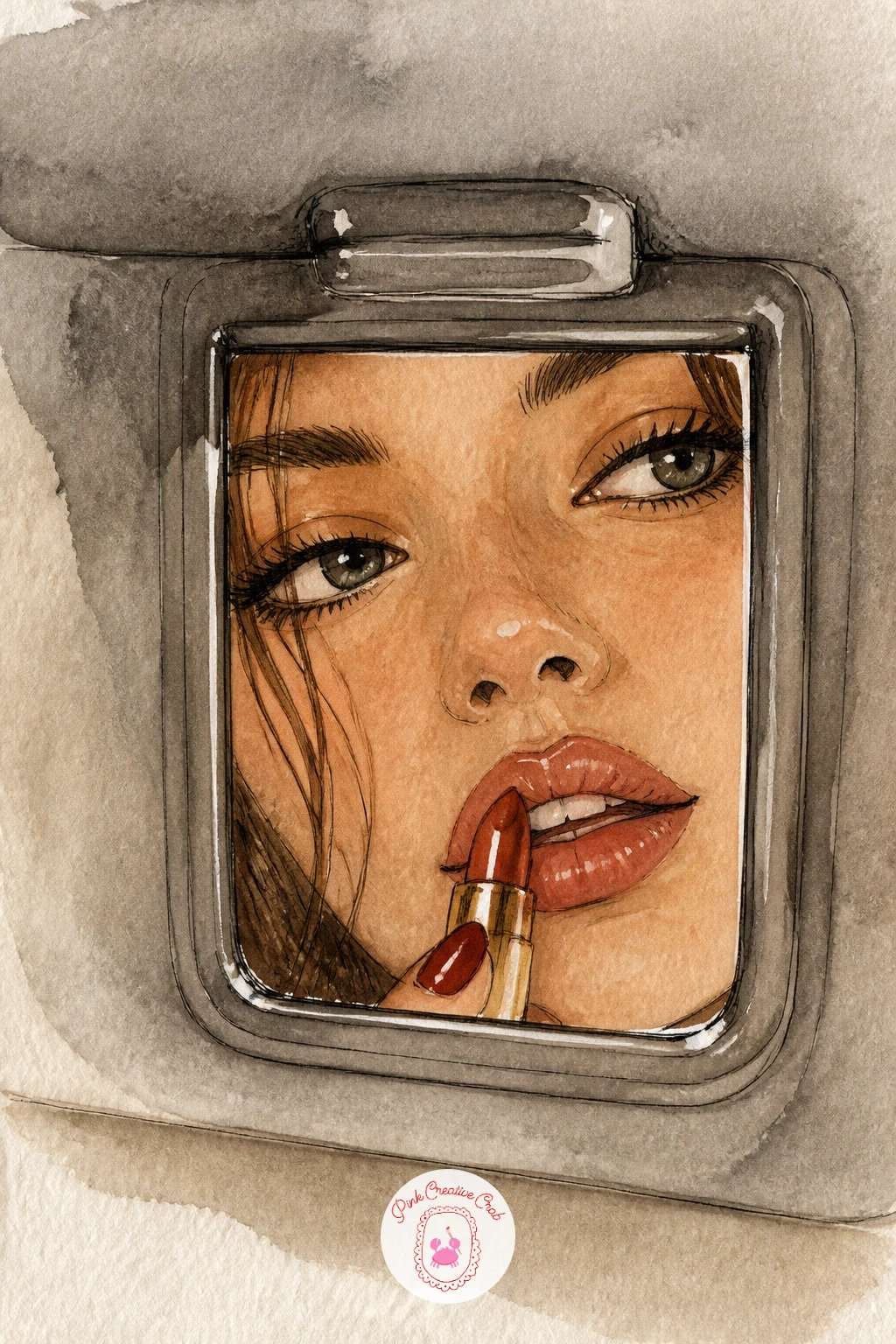 Girl Doing Makeup in Car Mirror — Bring the figure back once more for a candid moment: a girl checking her lipstick in a car's sun visor mirror. Watercolor