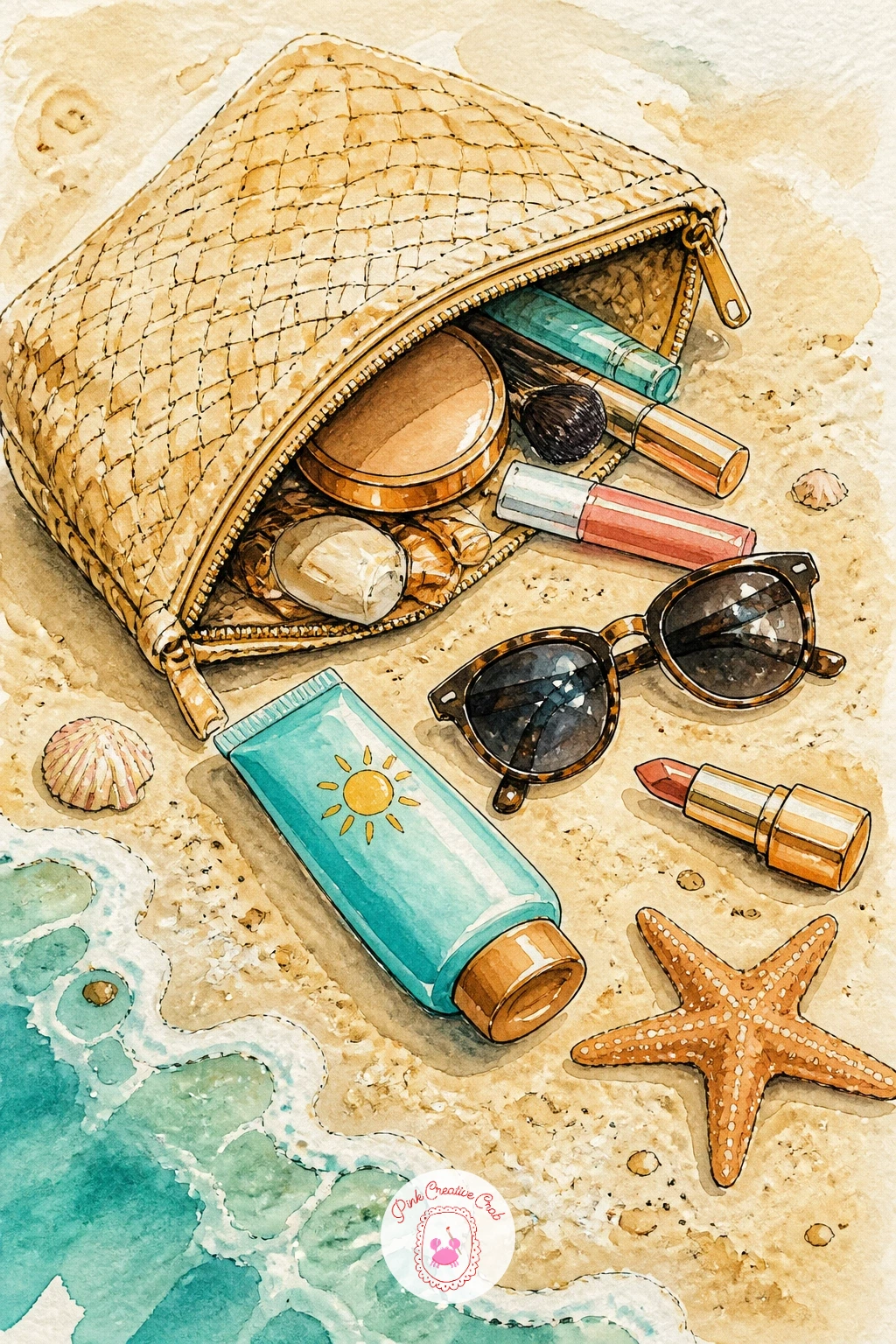 Makeup Bag at the Beach — Move the makeup bag outdoors for a breezier scene: a straw-textured pouch half open on sand, sunglasses and a tube of sunscreen