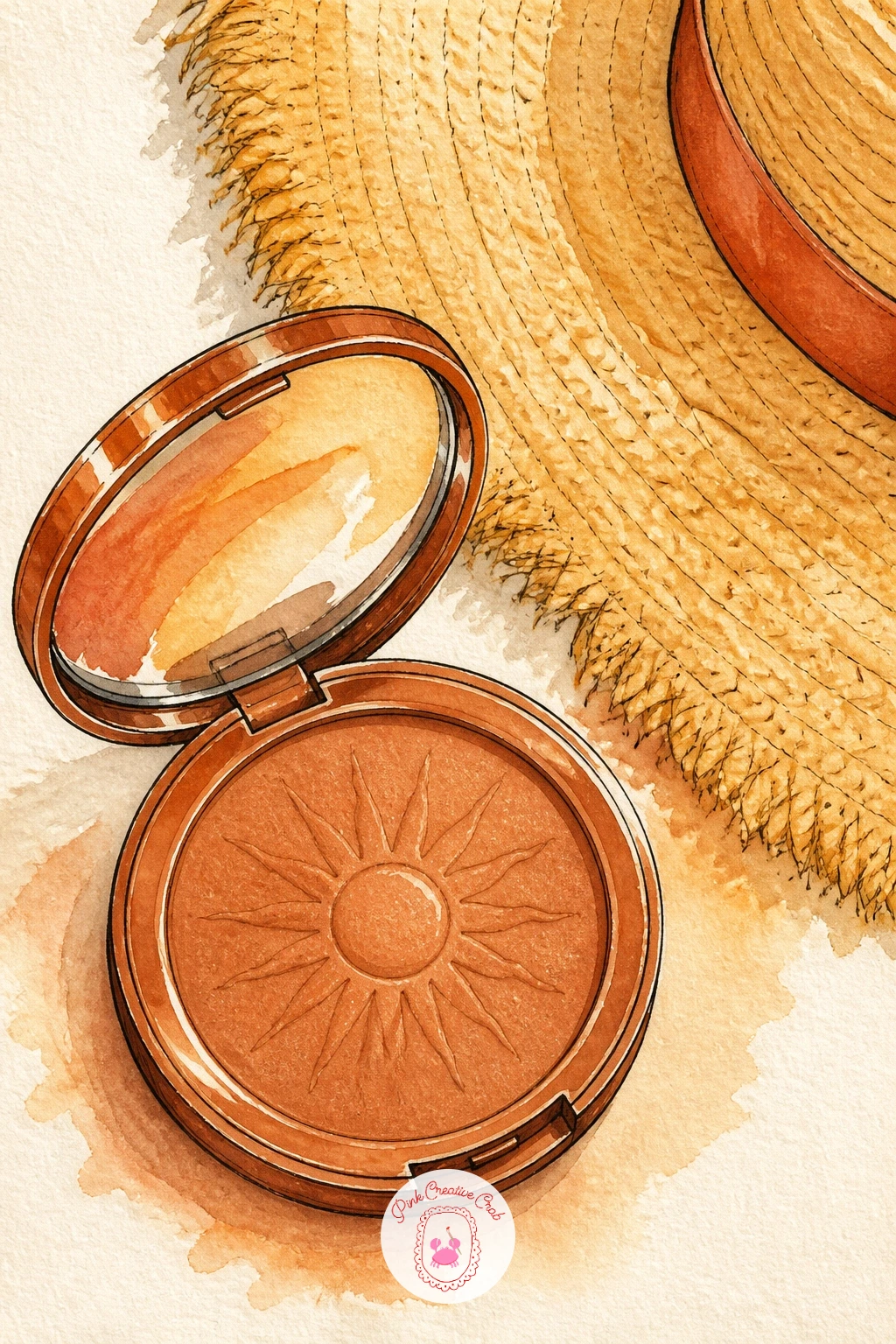 Bronzer With Sun Hat — A bronzer compact paired with a woven sun hat brim curling into frame brings a warm, sunlit mood back into the set. Watercolor makeup