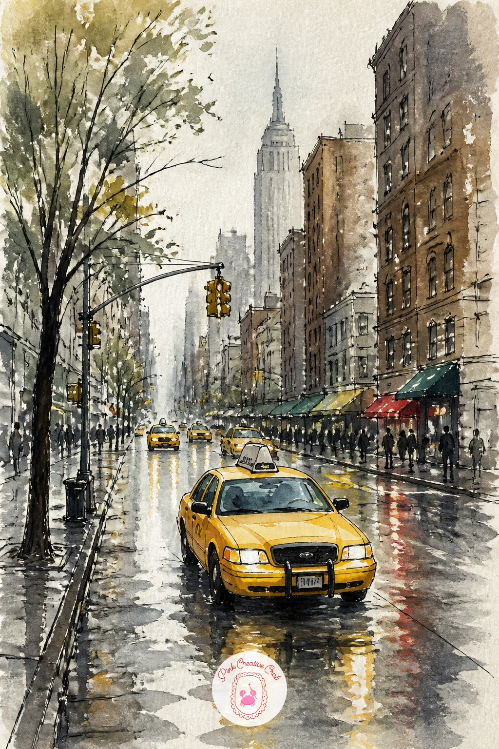 Yellow Cab on a Rainy Avenue — Move from a quiet stoop to a busy avenue with a yellow cab caught in the rain. New york watercolor
