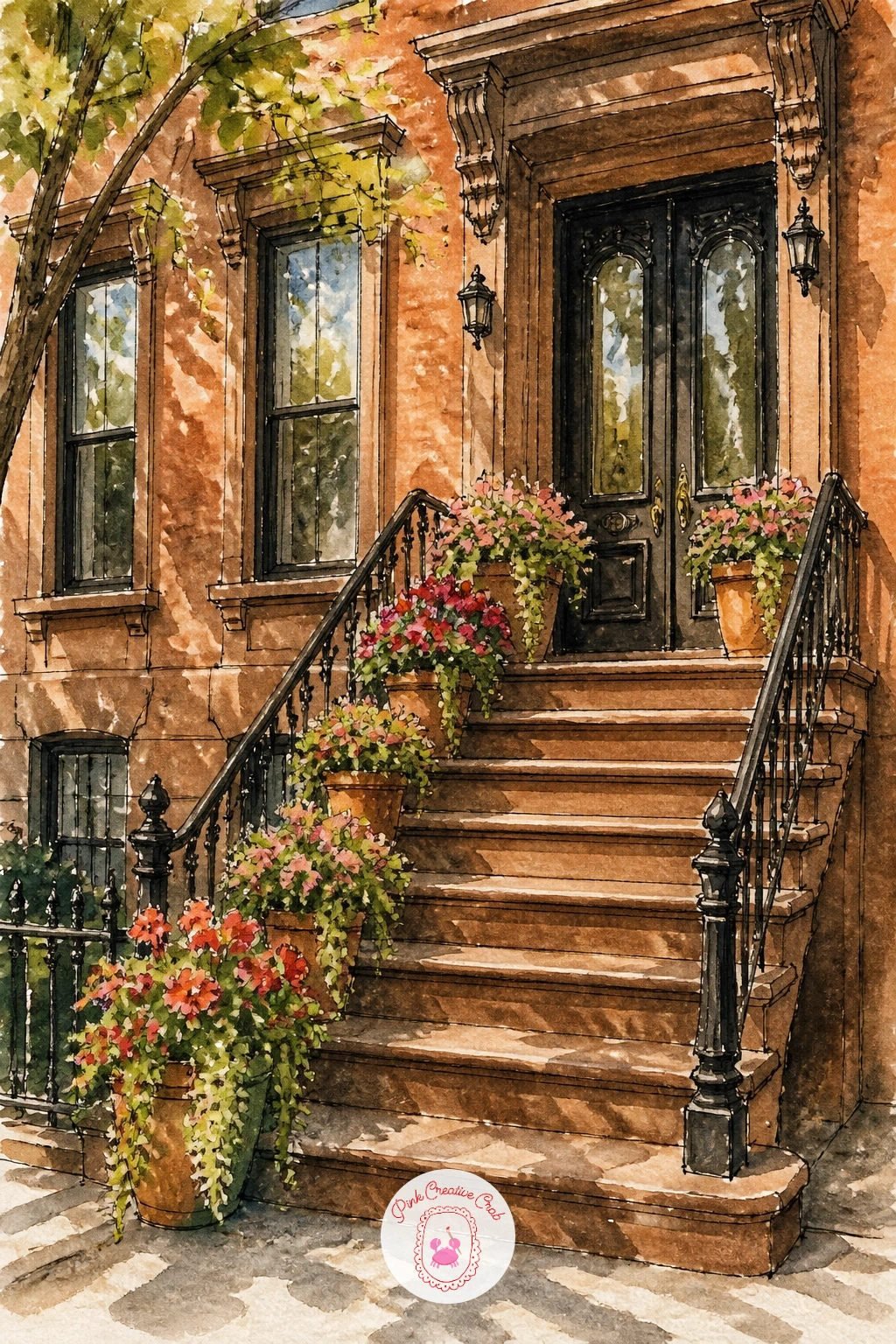 Brownstone Stoop With Flowers — Start with the easiest scene on the list: a brownstone stoop with flowers spilling out of pots on either side of the steps. New