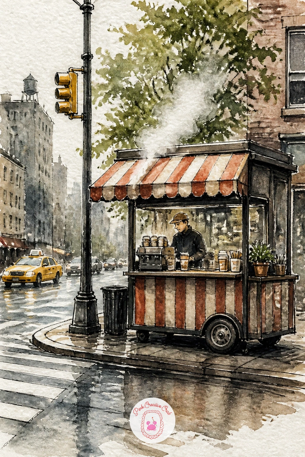 Coffee Cart on a Street Corner — Bring the city a little closer with a coffee cart on a street corner, steam curling up into the morning air. New york