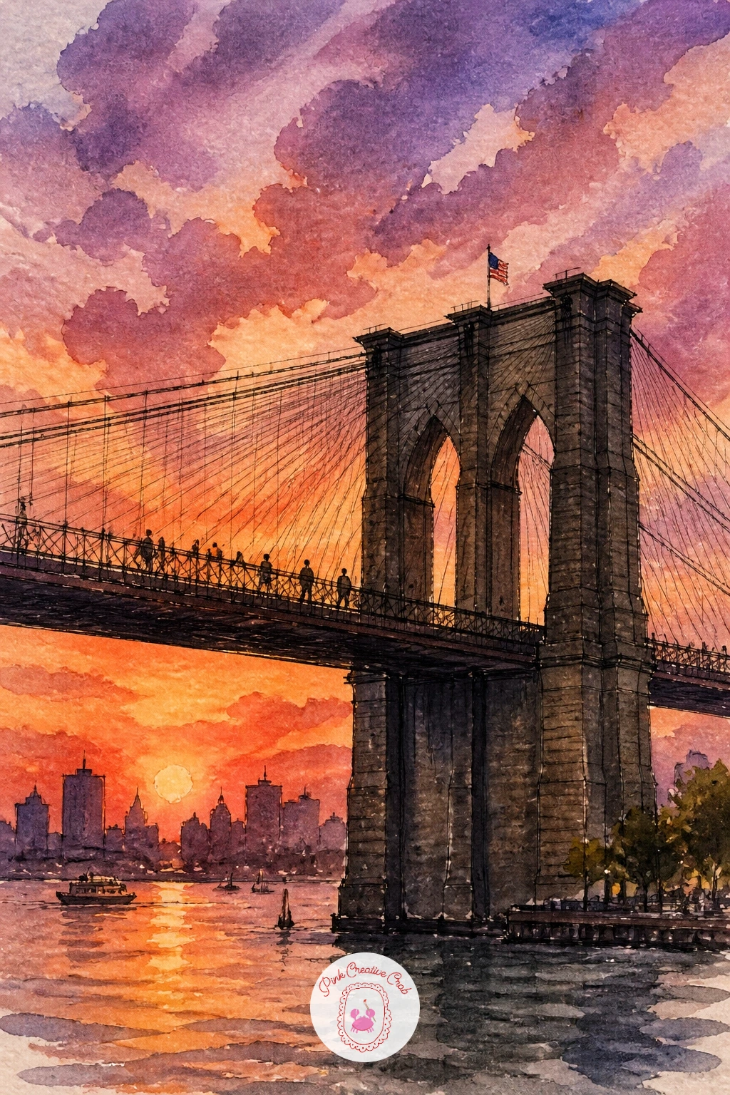Brooklyn Bridge at Sunset — From a small corner cart to one of the city's grand views: the Brooklyn Bridge at sunset, its cables catching the last light. New