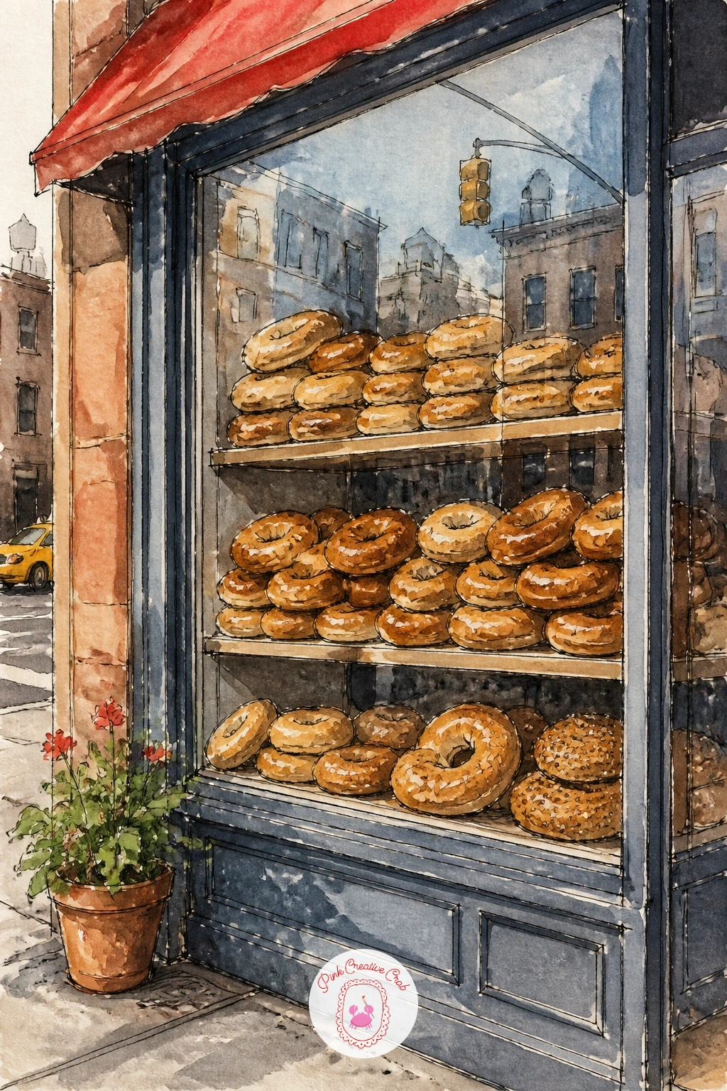 Bagel Shop Window — Step off the bridge and into a bagel shop window stacked with rows of fresh bagels behind the glass. New york watercolor