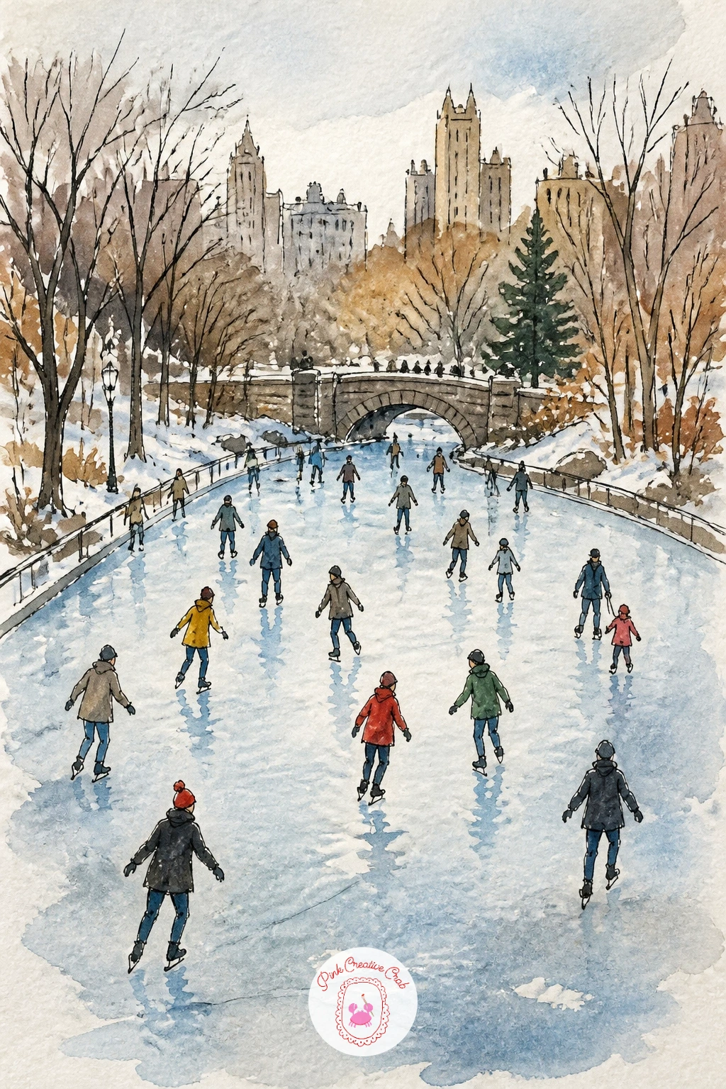 Ice Skaters at a Park Rink — Trade the bakery warmth for cold air with ice skaters at a park rink, a scatter of tiny figures gliding across the ice. New york