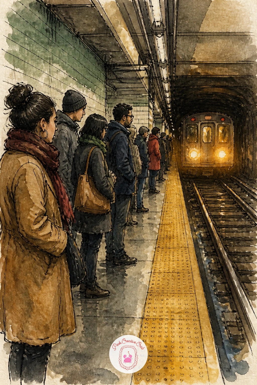 Subway Platform With Commuters — Head underground for a subway platform with commuters waiting in a loose row. New york watercolor
