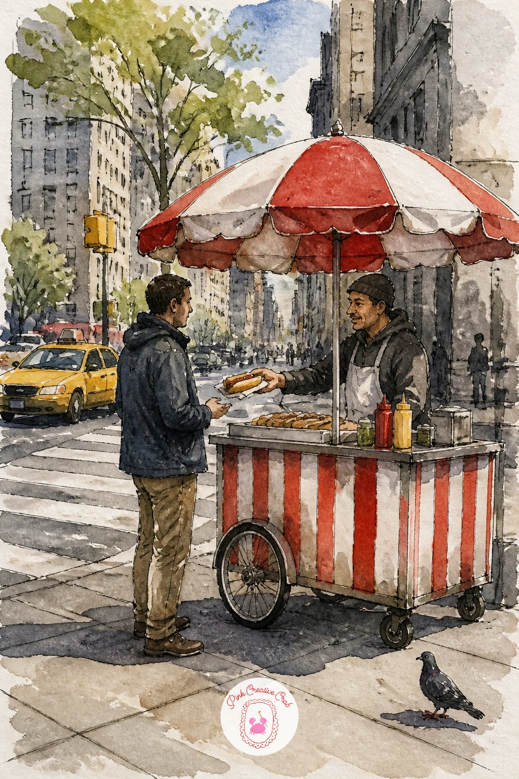Hot Dog Stand — Bring the energy back above ground with a hot dog stand parked at the curb, umbrella up and a small line forming. New york watercolor