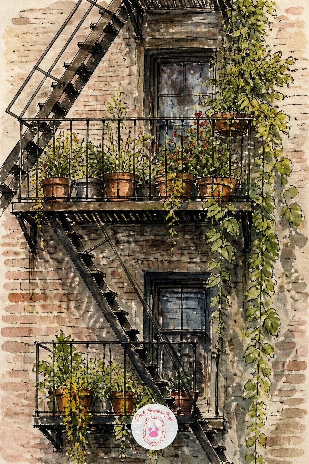 Fire Escape With Plants — Look up now for a fire escape with plants spilling through its iron railings. New york watercolor