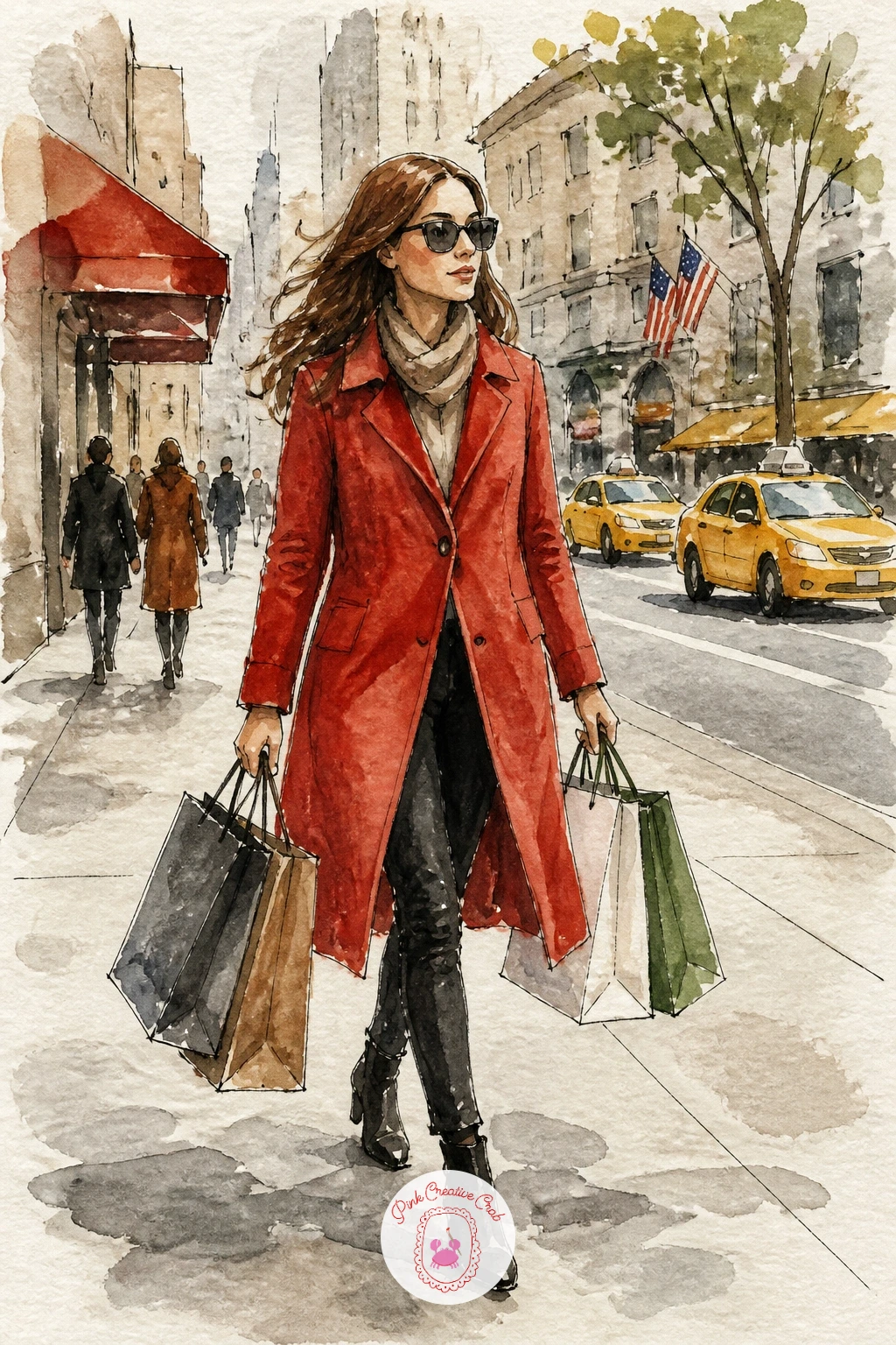 Girl Walking With Shopping Bags on Fifth Avenue — Follow the vines down to street level for a girl walking with shopping bags on Fifth Avenue, striding past