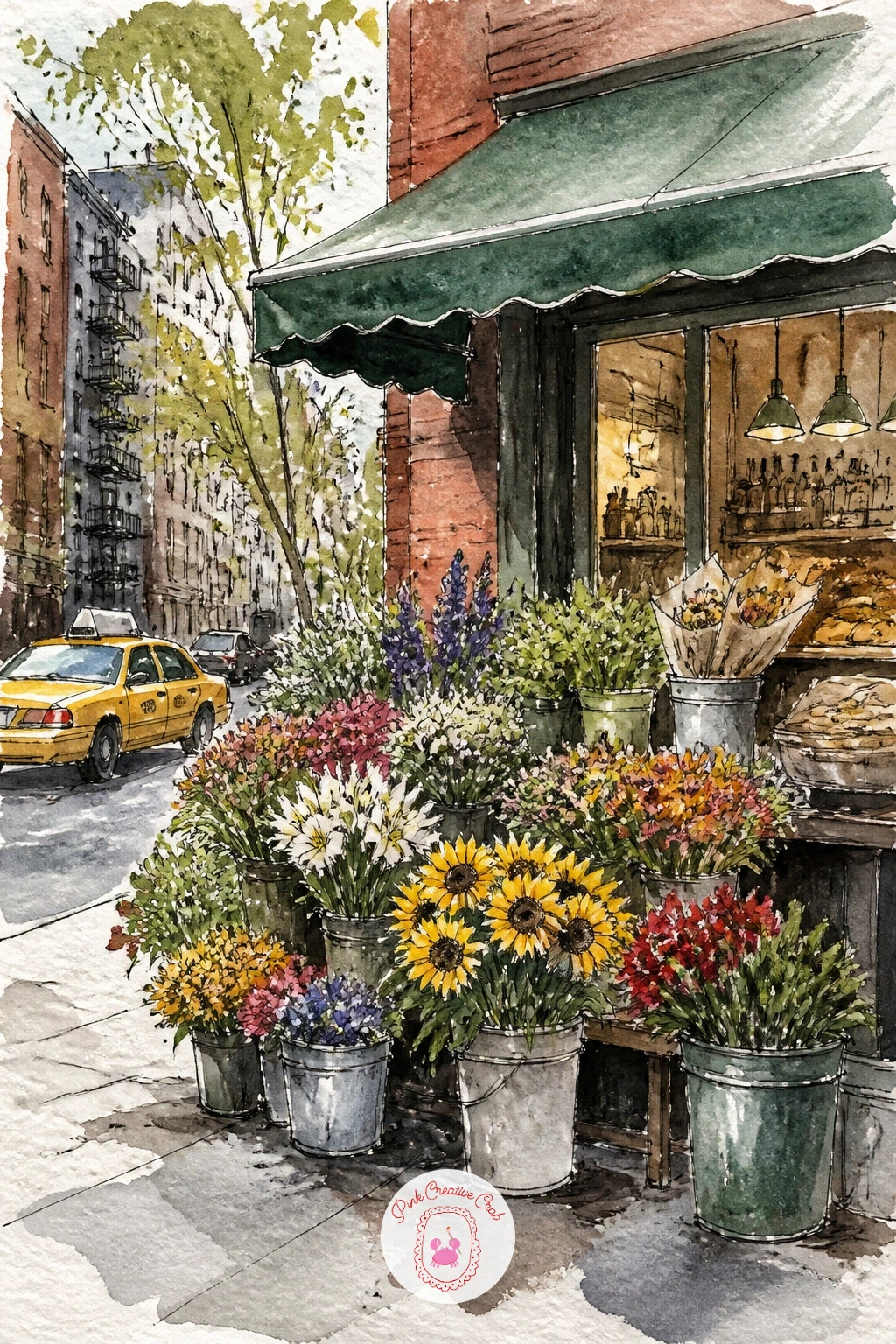 Flower Stand at a Deli — Pause at a flower stand at a deli, buckets of blooms crowding the sidewalk in front of the awning. New york watercolor