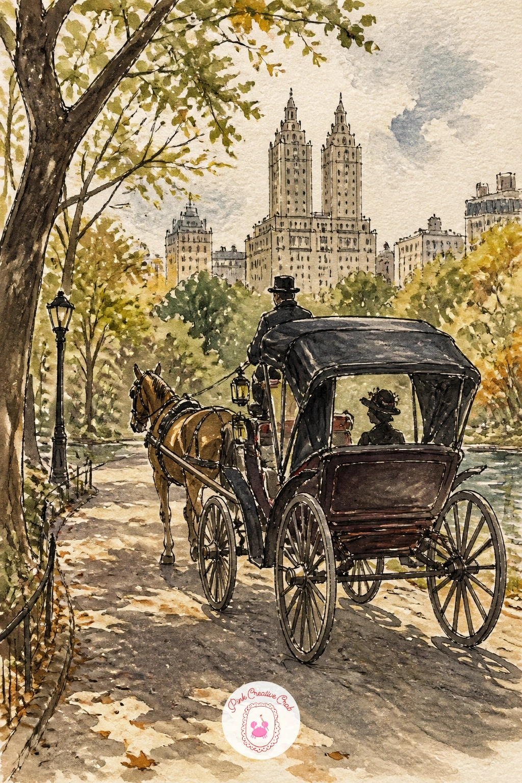 Carriage in Central Park — Keep the park mood going with a carriage in Central Park, horse and driver moving along a tree-lined path. New york watercolor