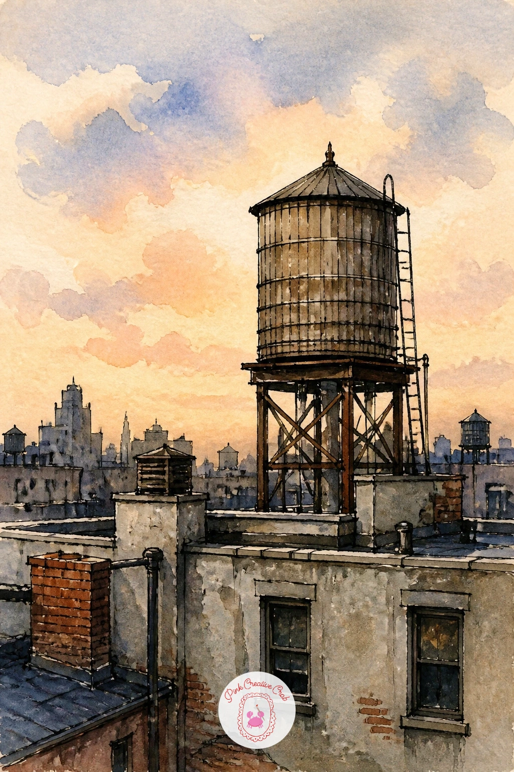 Rooftop With a Water Tower — Climb up for a rooftop with a water tower, that familiar wooden barrel shape silhouetted against the sky. New york watercolor