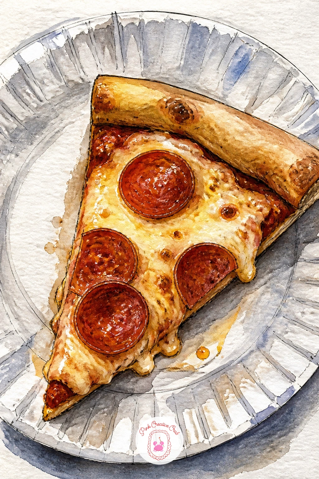 Pizza Slice on a Paper Plate — Zoom in close for a pizza slice on a paper plate, cheese still glistening, folded in half the New York way. New york watercolor