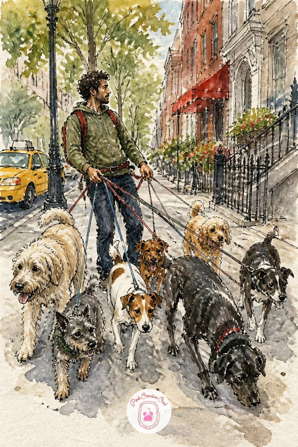 Dog Walker With Many Dogs — Bring in some chaos and charm with a dog walker juggling many dogs, leashes crossing every which way. New york watercolor