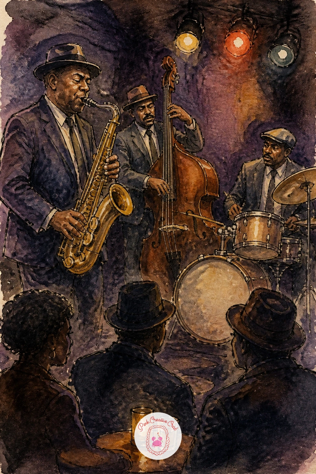 Jazz Club in Harlem — Slip inside for a jazz club in Harlem, a trio playing under low, warm light. New york watercolor