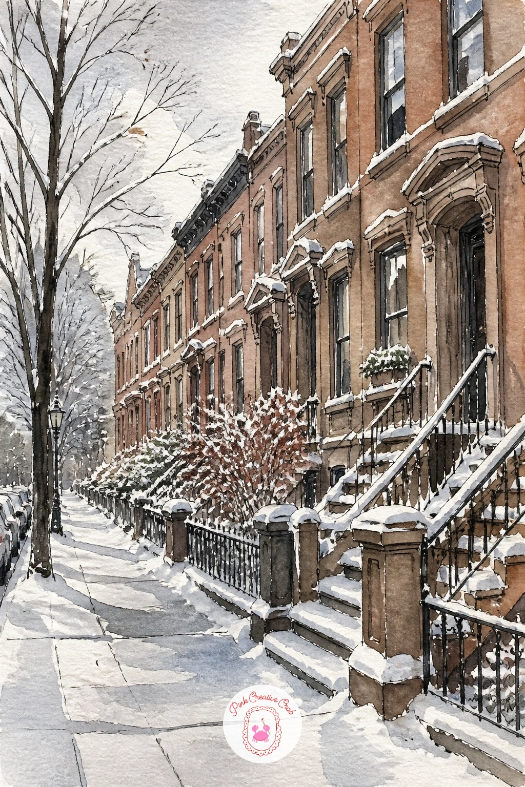 Snow on a Brownstone Street — Go back outside for snow on a brownstone street, rooftops and stoops dusted white under a quiet gray sky. New york watercolor