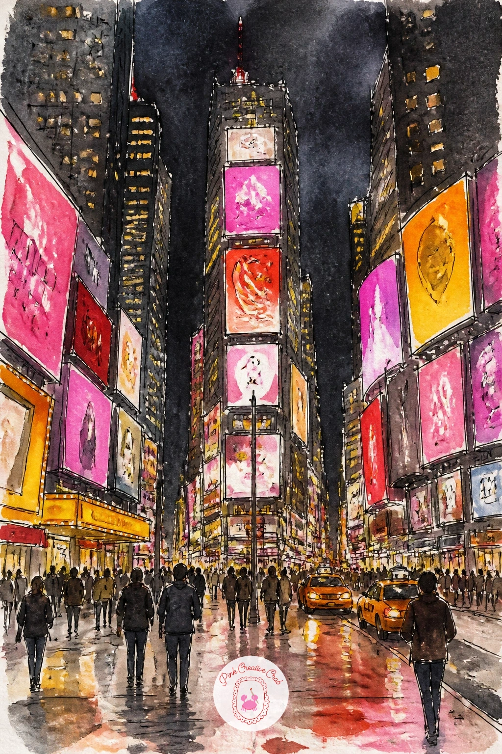 Times Square Lights at Night — Turn up the energy for Times Square lights at night, a wall of glowing signs and crowds below. New york watercolor