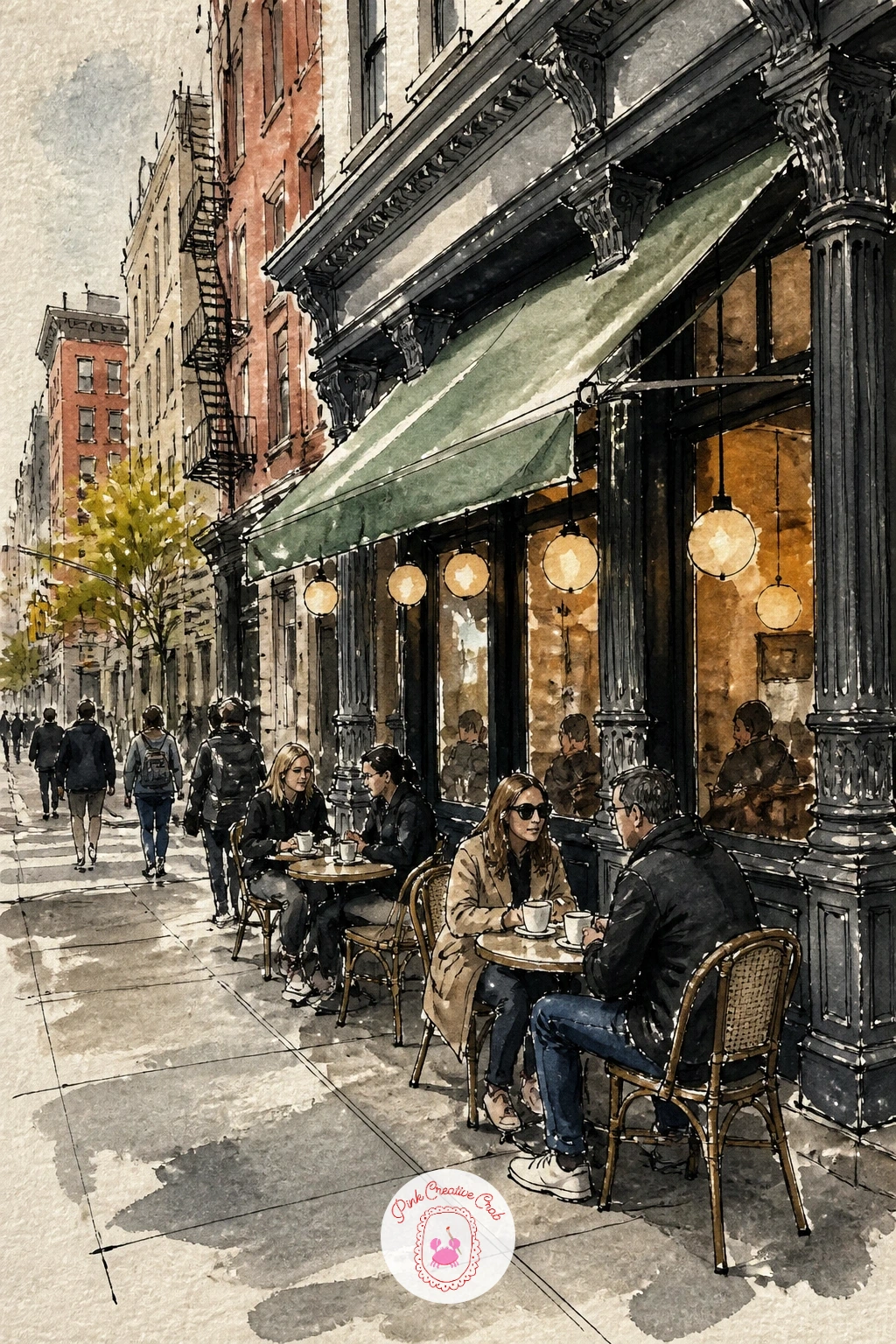 Cafe in Soho — Cool back down with a cafe in Soho, little bistro tables spilling onto the sidewalk under a cast-iron facade. New york watercolor