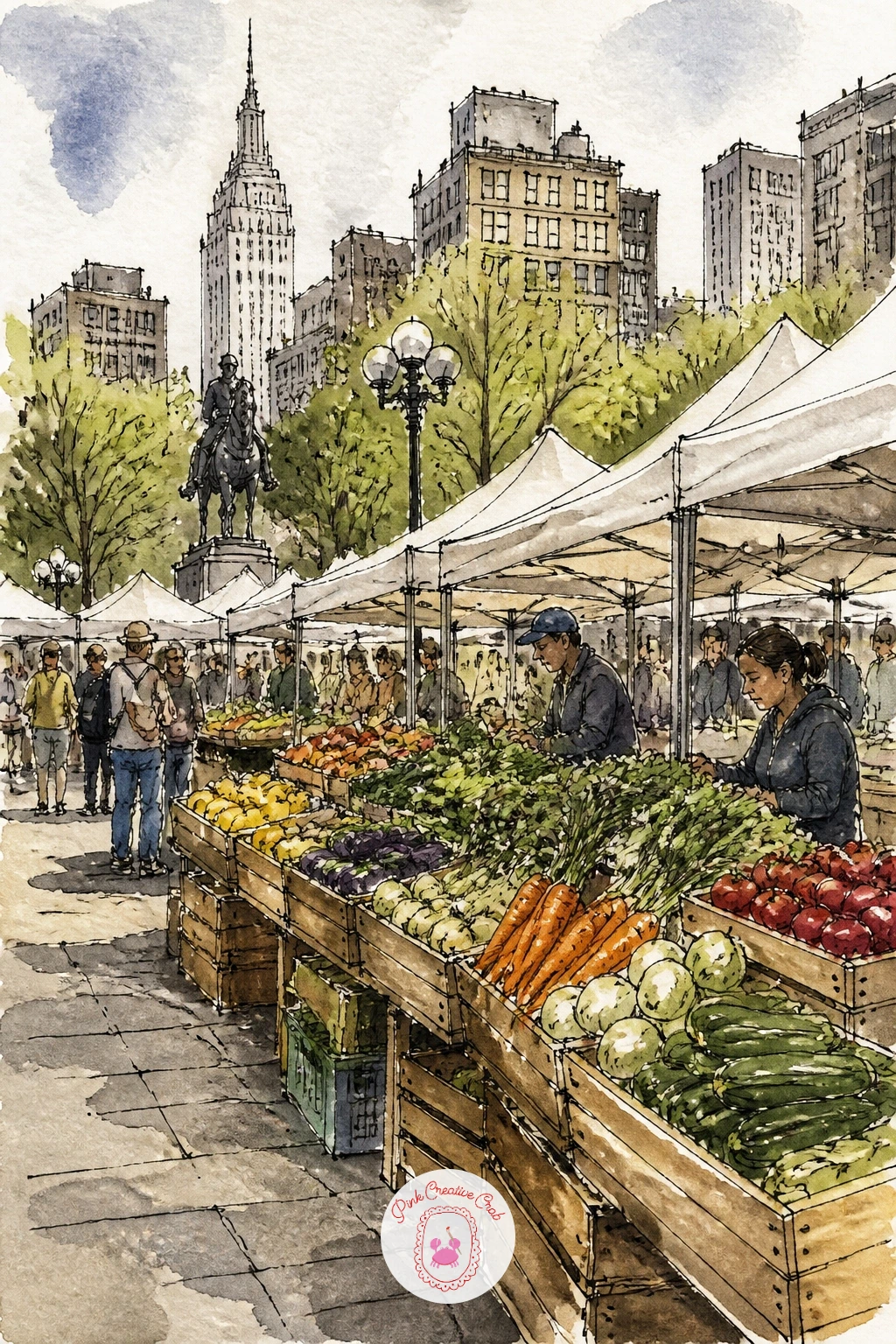 Farmers Market in Union Square — Stay outdoors for a farmers market in Union Square, crates of produce lined up under rows of white tents. New york watercolor