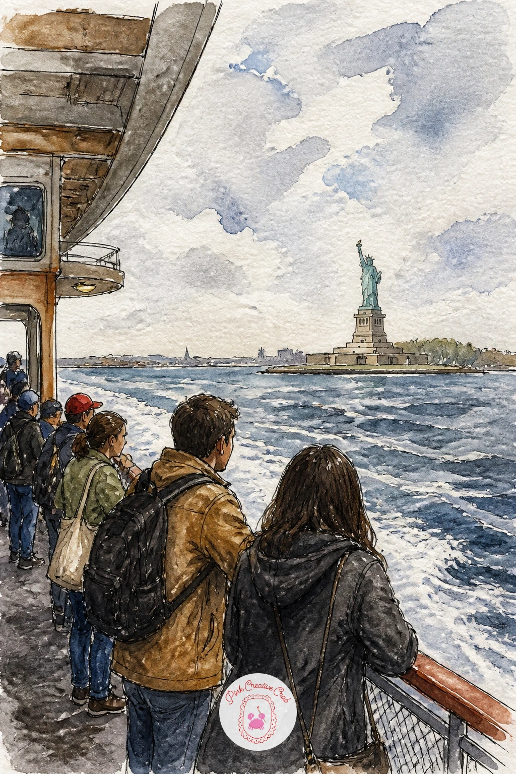 Ferry to the Statue of Liberty — Head out onto the water for the ferry to the Statue of Liberty, passengers gathered at the rail for a view. New york watercolor
