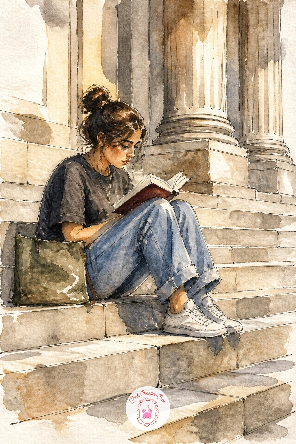 Girl Reading on the Met Steps — Come back to land for a girl reading on the Met steps, legs tucked up, book open against the backdrop of the museum's columns.