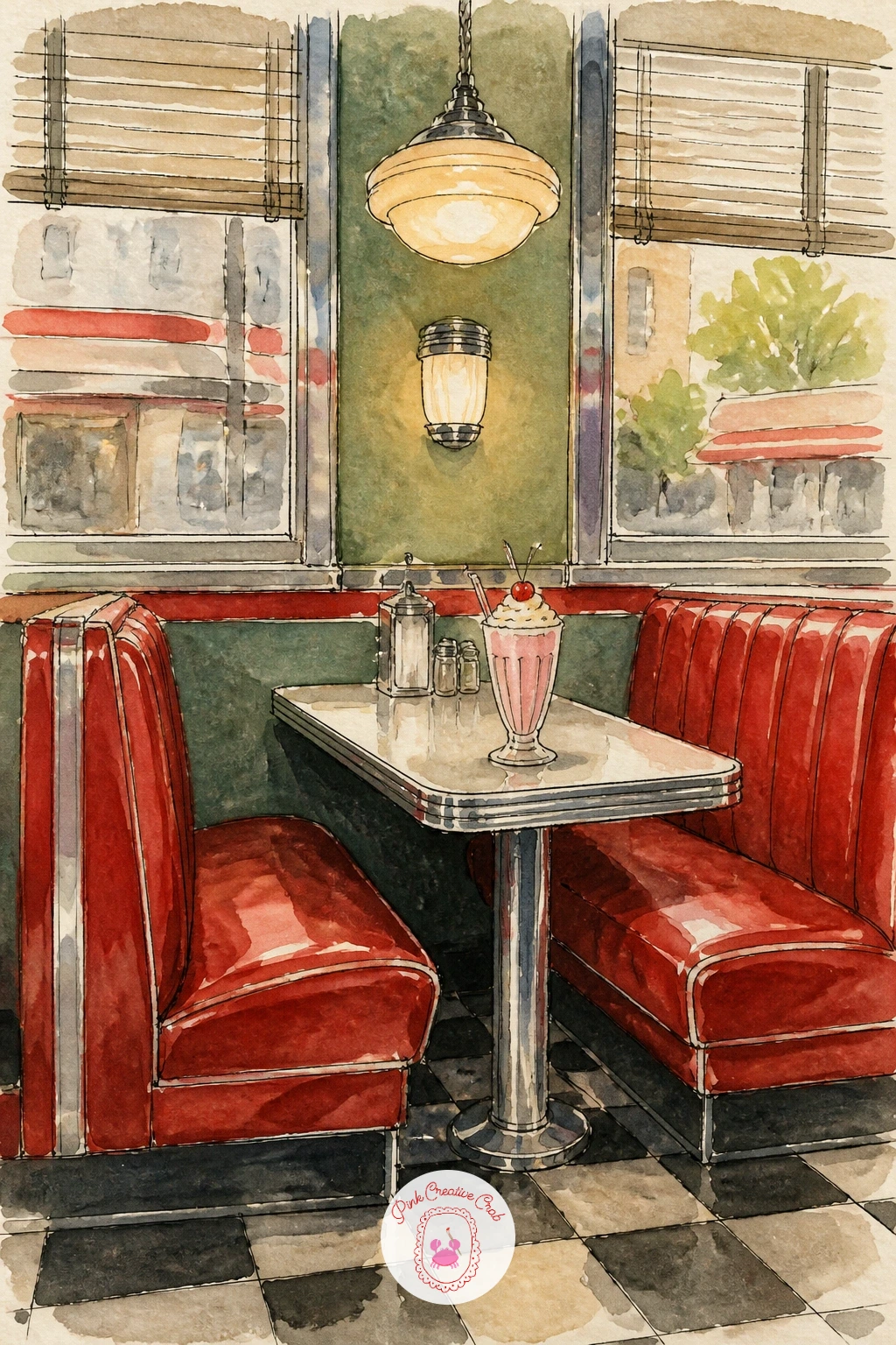 Vintage Diner Booth — Duck inside for a vintage diner booth, red vinyl seats and a chrome-edged table set with classic diner details. New york watercolor