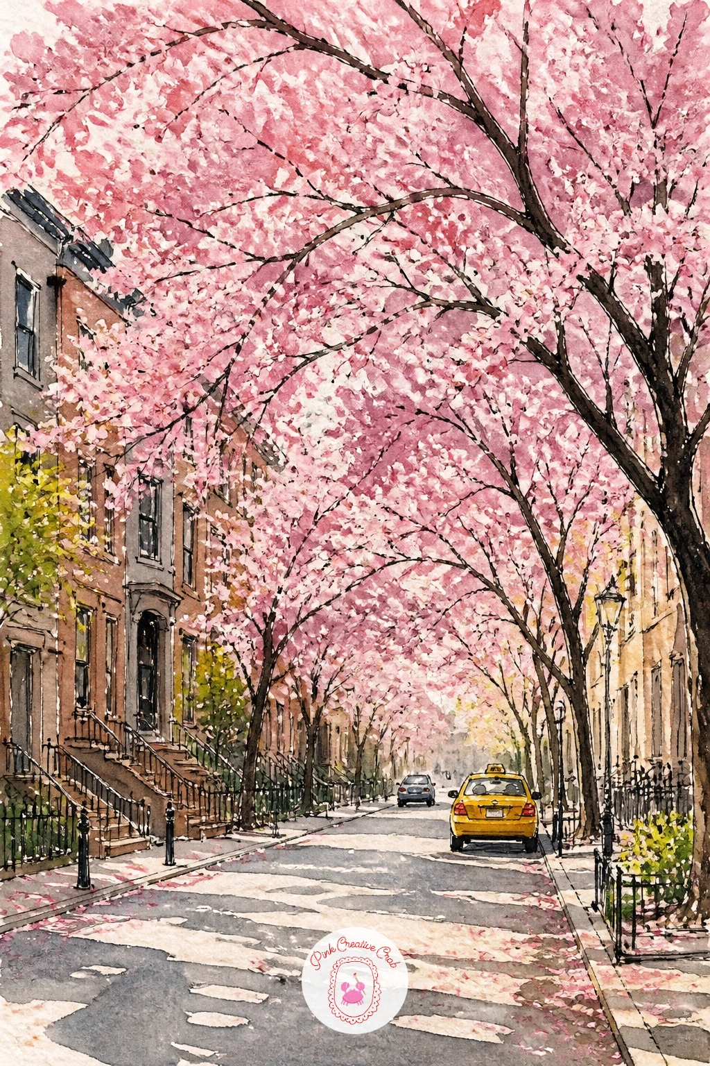 Cherry Blossom Street in Spring — Soften things up with a cherry blossom street in spring, pink canopies arching over a quiet sidewalk. New york watercolor