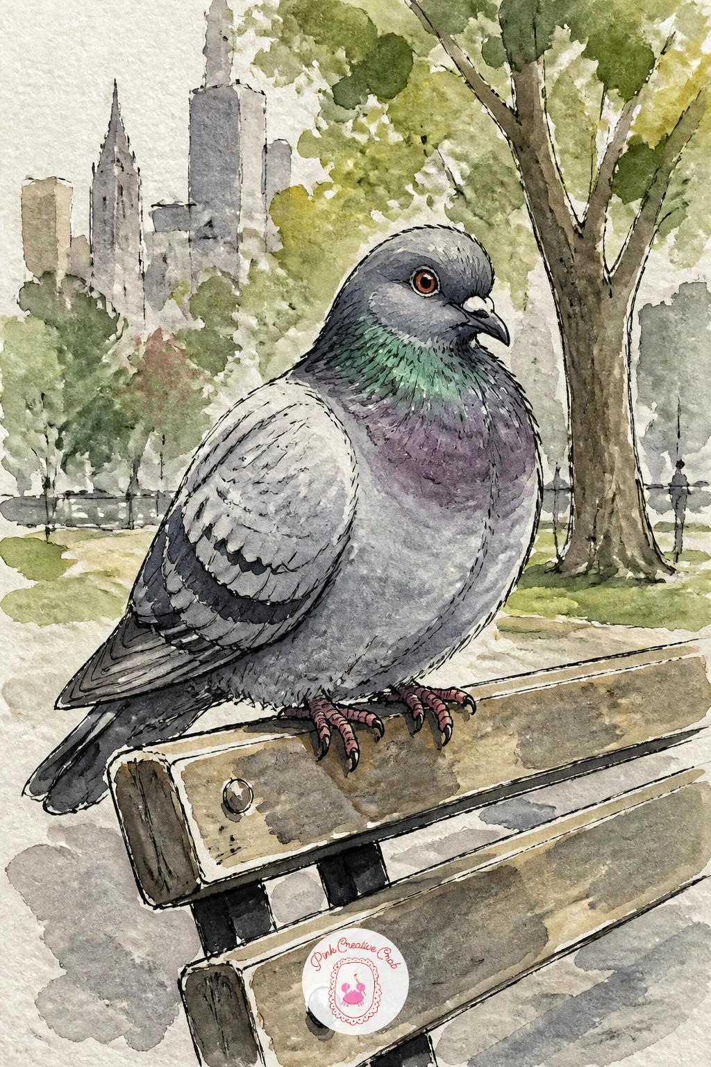 Pigeon on a Park Bench — End close and quiet with a pigeon on a park bench, puffed up and perfectly at home in the middle of the city. New york watercolor