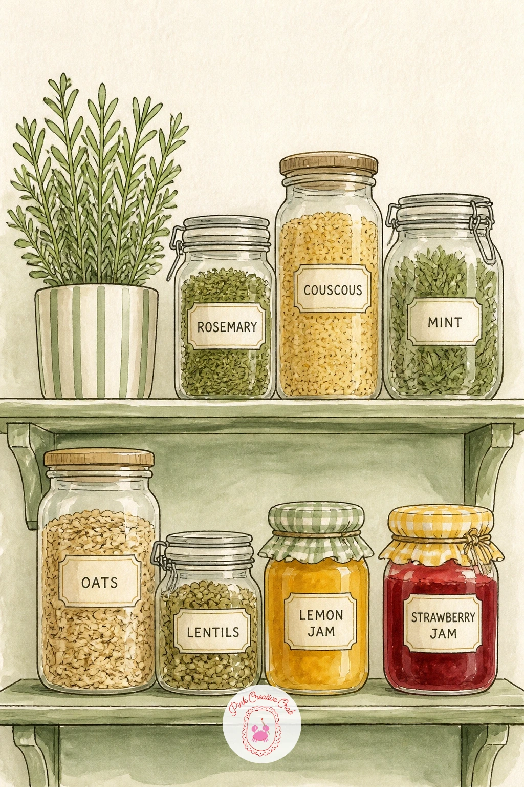 Pantry Shelf With Labeled Jars — A pantry shelf is really just a row of simple jar shapes, so this is a good one for practicing repetition with variety.