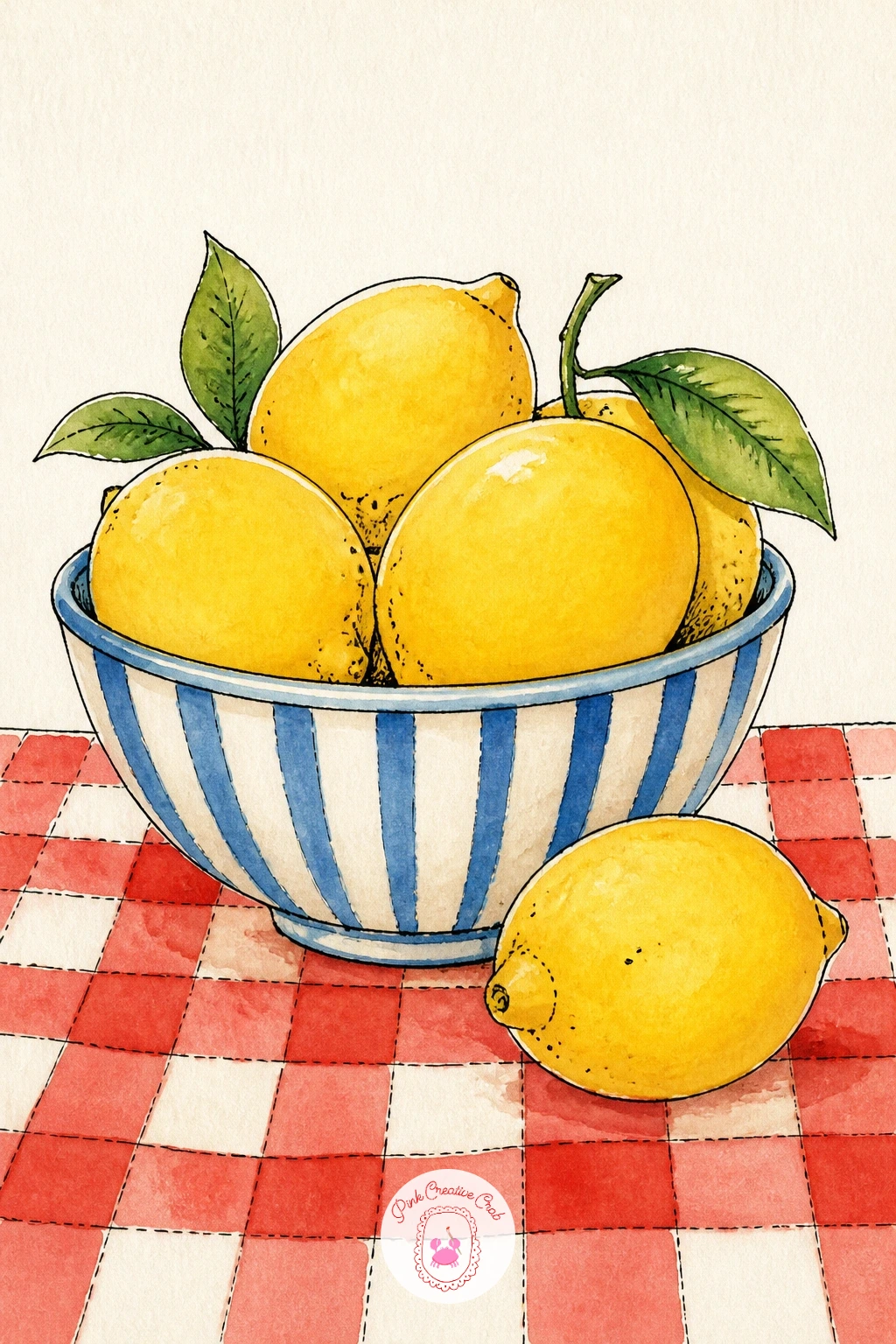 Bowl of Lemons on a Checkered Tablecloth — Lemons are a classic for a reason, their rounded shape forgives an uneven brushstroke better than almost anything