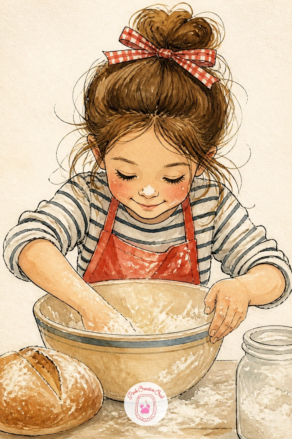 Girl Baking Bread With Flour on Her Nose — Bring a figure into the kitchen with this one, kept simple: a girl from the shoulders up, leaning over a bowl, apron