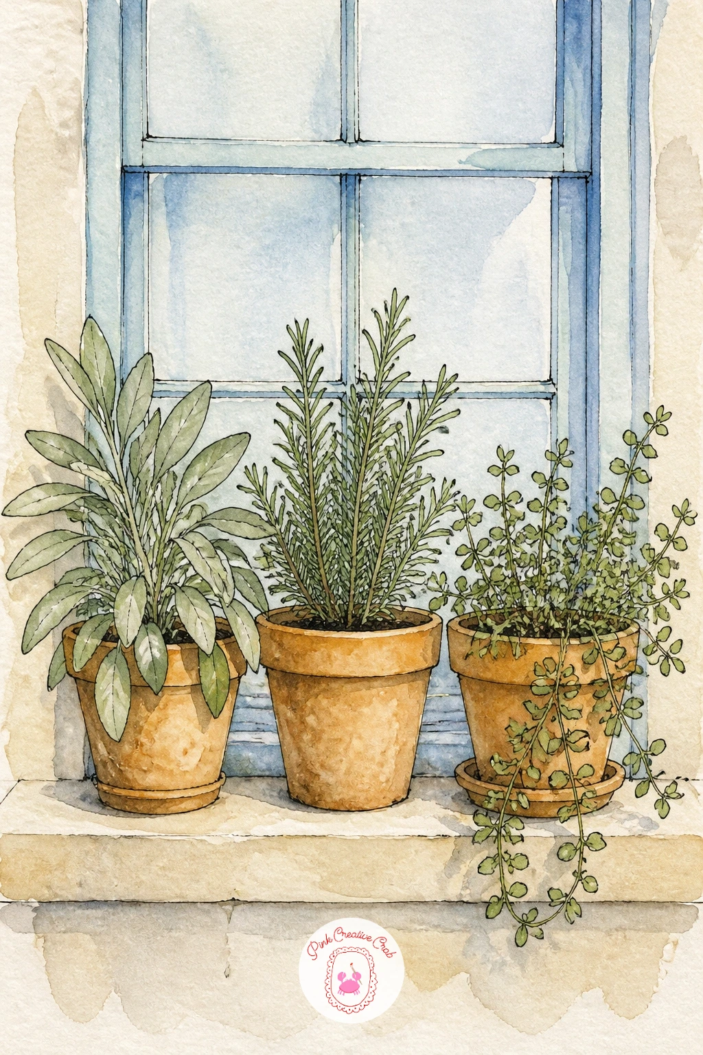 Window Sill With Herbs in Pots — Move to a window sill lined with three small terracotta pots of herbs, a lovely subject for practicing light since the window