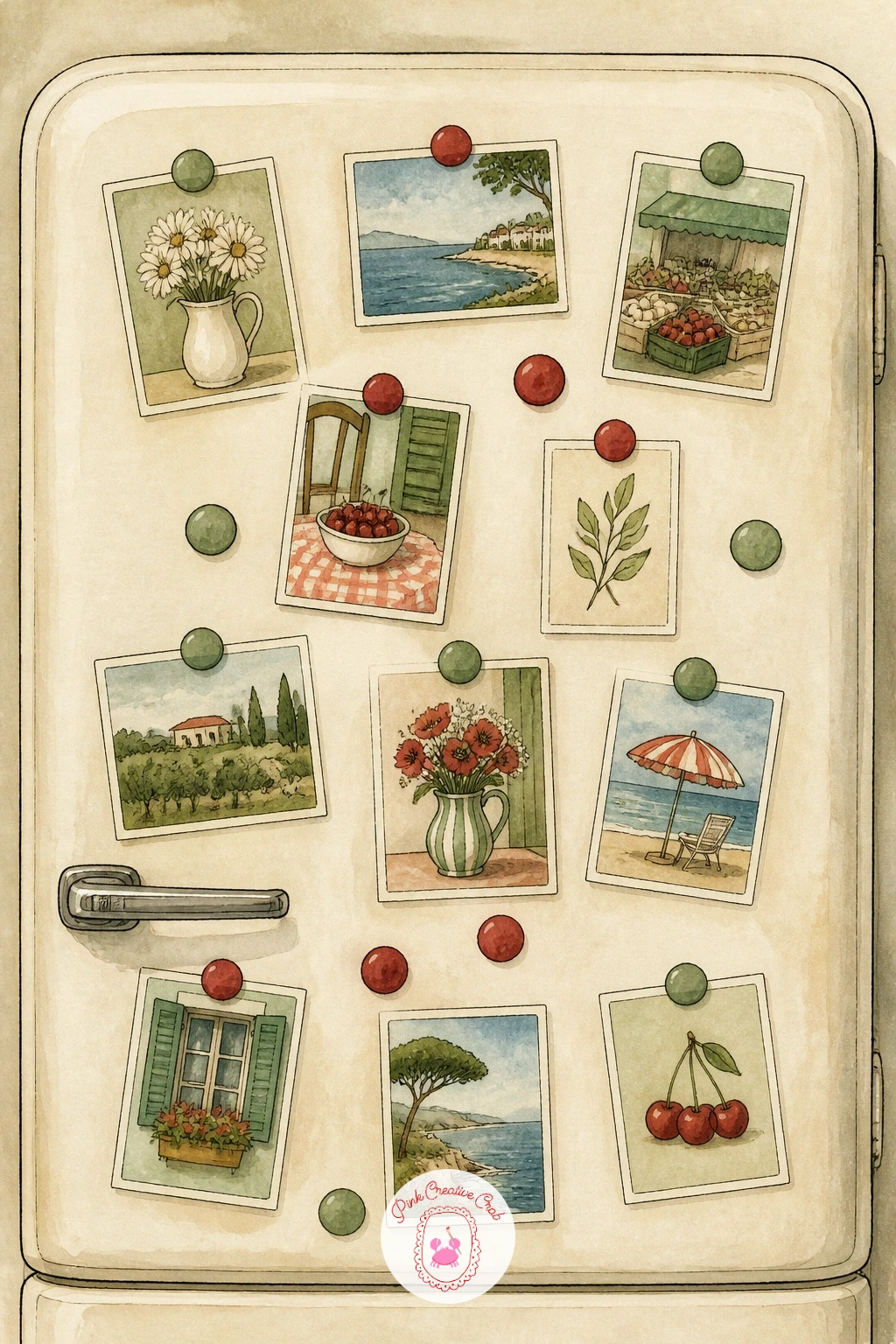 Fridge Covered With Postcards — Give the fridge door its own personality with a scatter of tiny painted postcards and magnets. Kitchen watercolor art