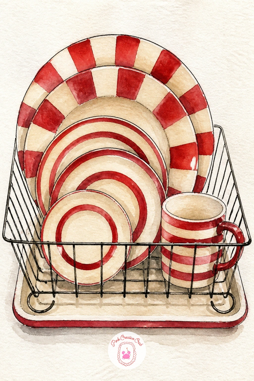 Dish Rack With Striped Plates — A dish rack is mostly straight lines, so this is a good moment to slow down with ink rather than pencil first. Kitchen