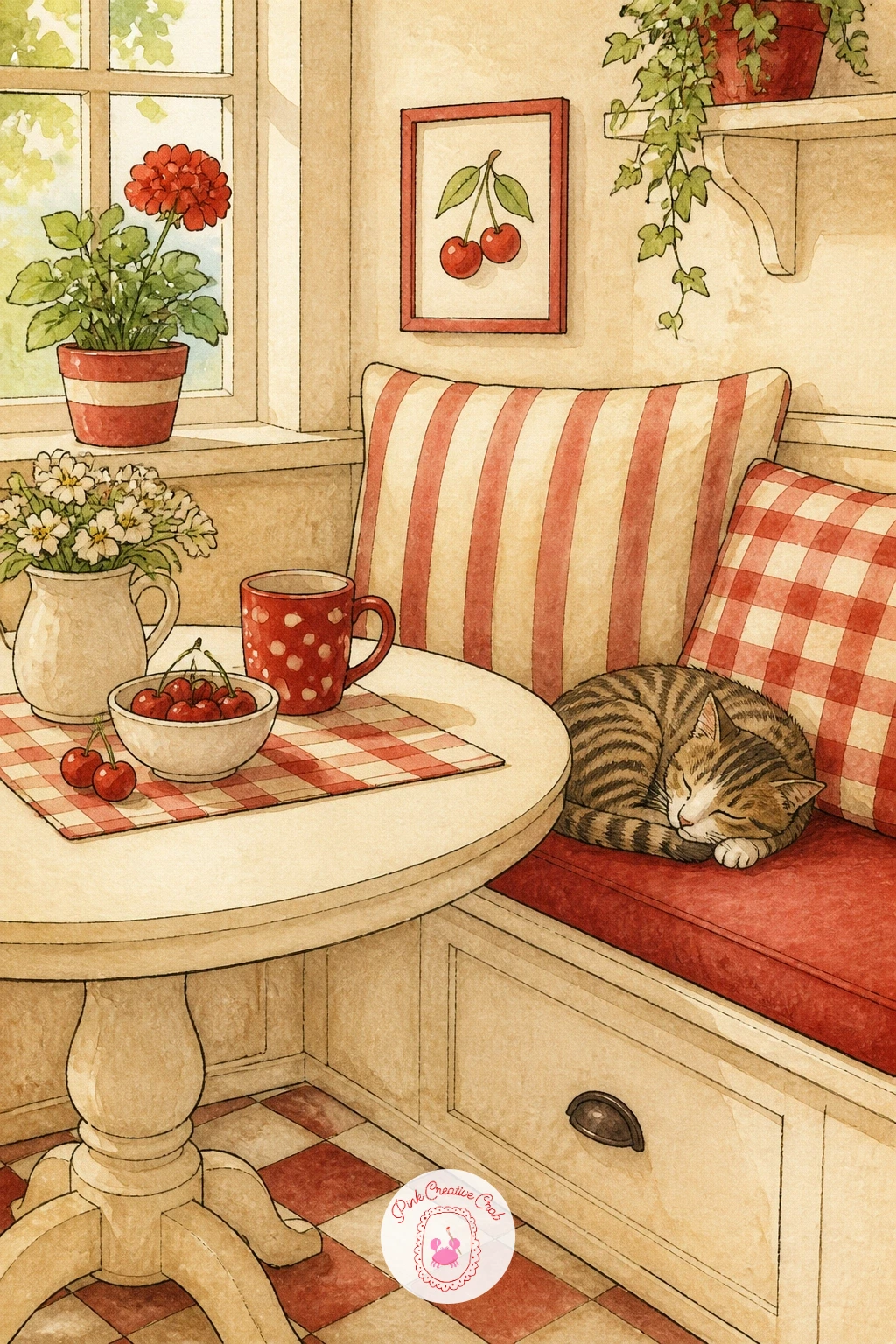 Breakfast Nook With a Cat — Build a small cozy scene here: a corner bench, a round table, a cup, and a cat curled beneath it. Kitchen watercolor art