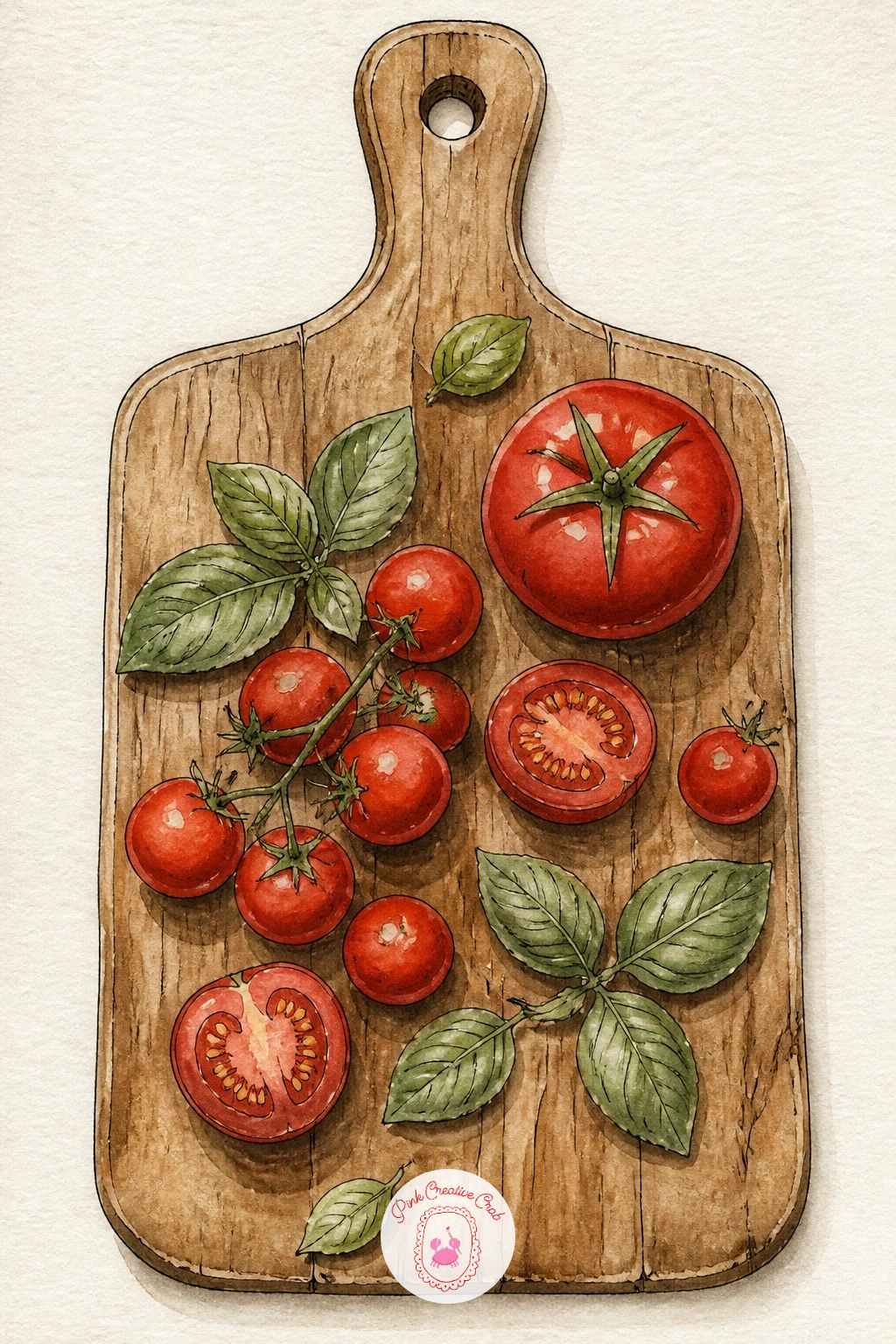 Cutting Board With Tomatoes and Basil — Measure before you paint this one: sketch a wooden board as a simple rounded rectangle, then place three or four tomato