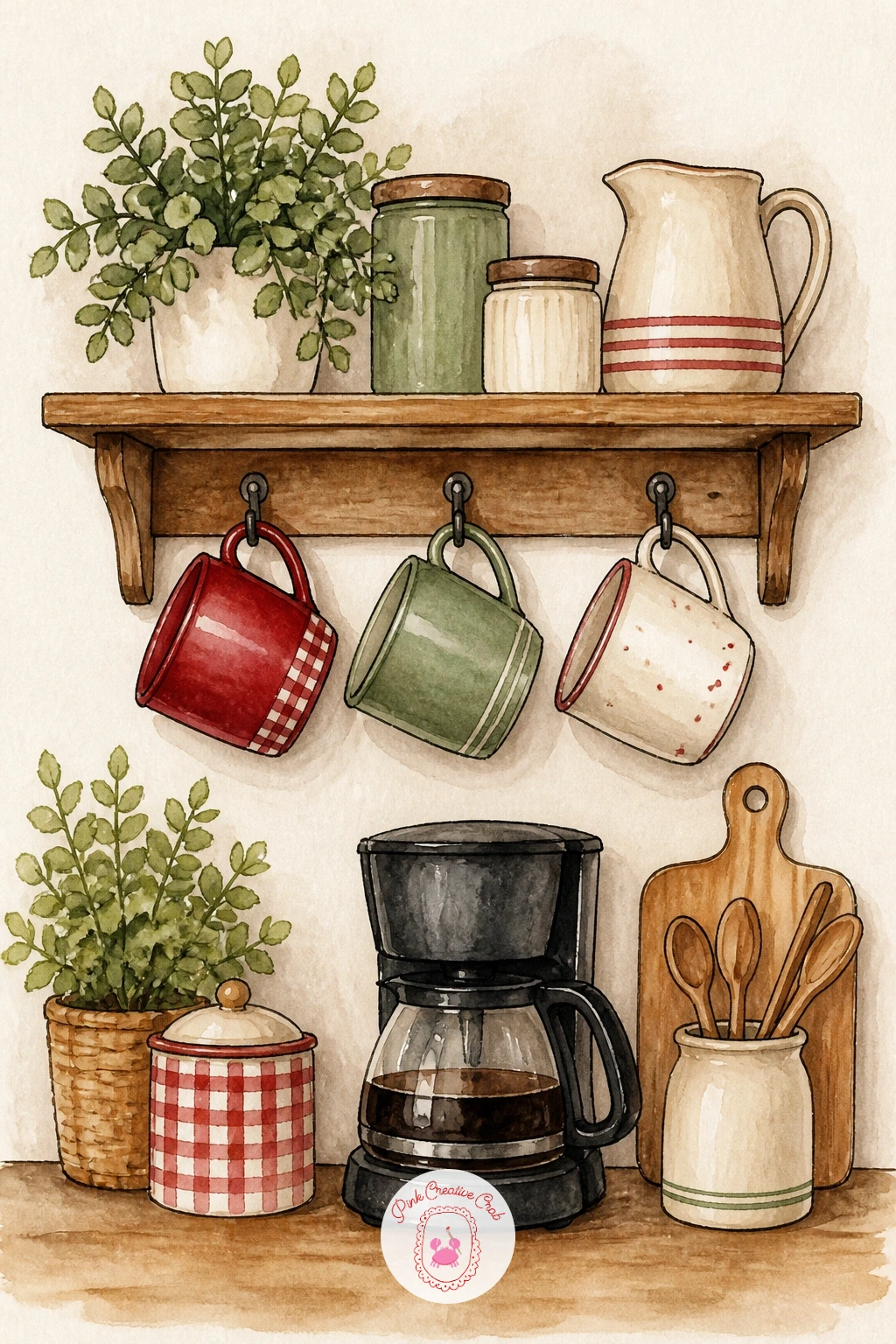 Coffee Corner With Mugs on Hooks — Think about eye level before you start this one: if you draw the hooks and mugs slightly from below, looking up at a shelf