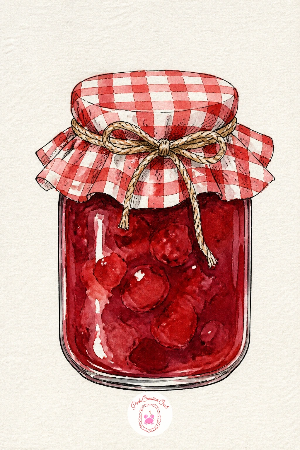 Jam Jar With a Gingham Lid — Keep this one small and quick, a single jam jar is one of the fastest kitchen subjects on this whole list. Kitchen watercolor art