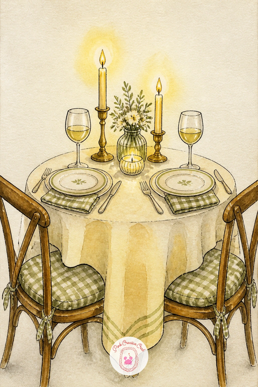 Dinner Table Set for Two With Candles — This scene asks you to think about light source twice, since the candles themselves are a light within the painting.